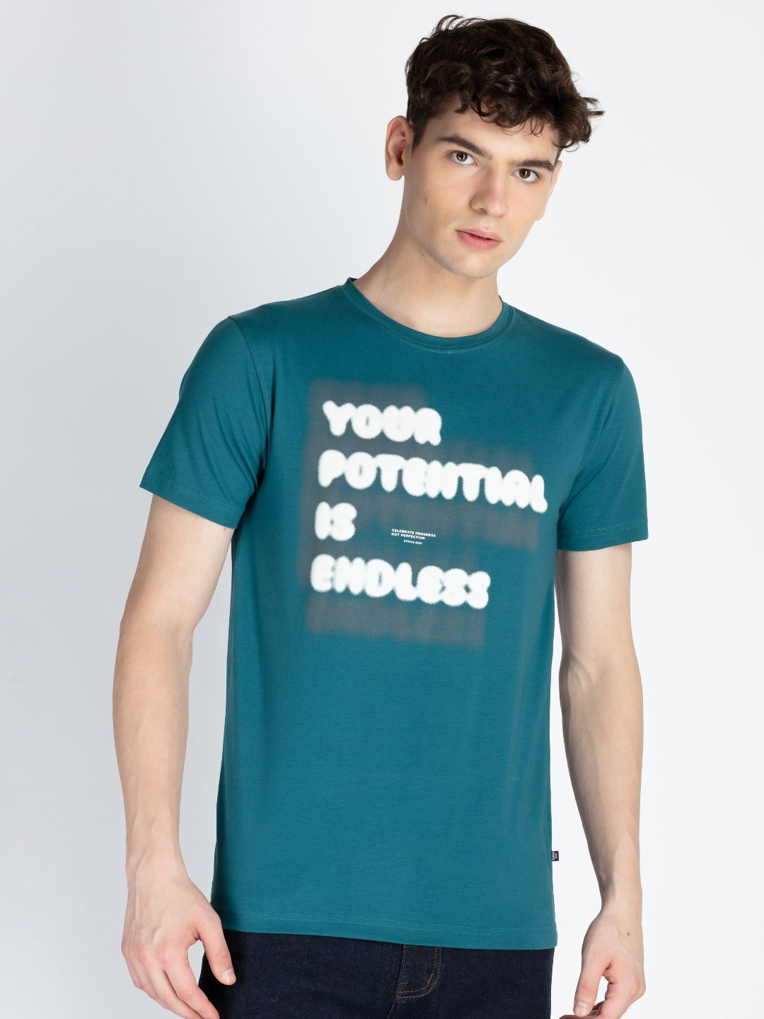 

Status Quo Men Printed Raw Edge T-shirt, Teal