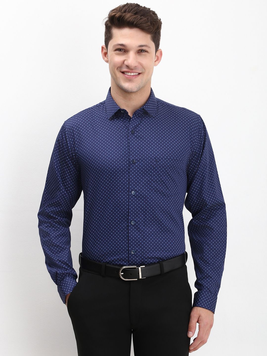 

Allen Solly Men Spread Collar Micro Ditsy Printed Cotton Slim Fit Formal Shirt, Navy blue