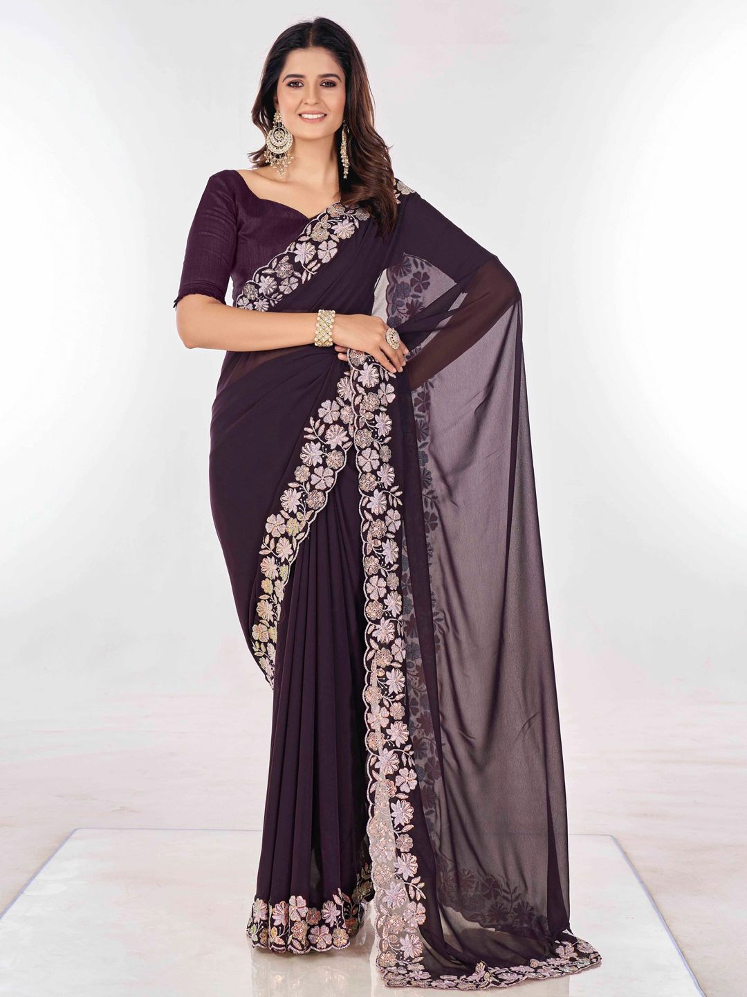 

Mitera Sequinned Embroidered Saree, Purple