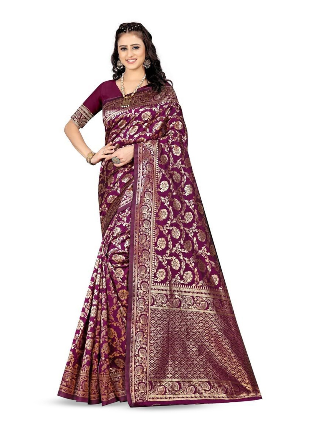 

QENY Woven Design Zari Banarasi Saree, Purple
