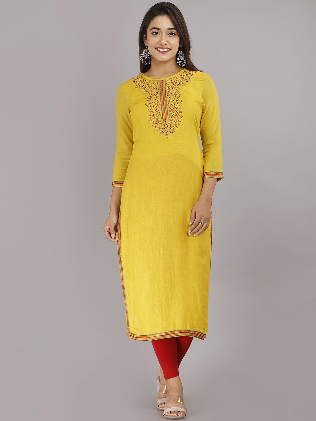 

STYLE ANGEL Floral Yoke Design Thread Work Straight Kurta, Mustard