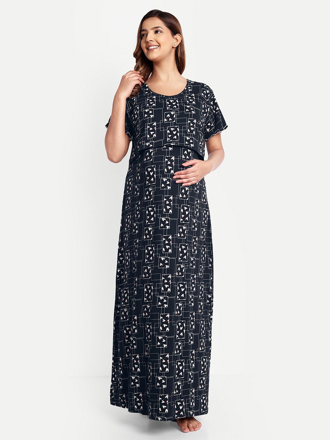 

THE MAMA KLUB Printed Maxi Nightdress, Navy blue