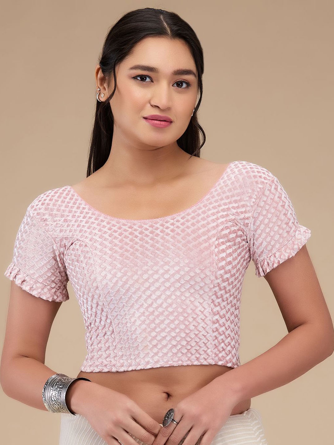 

Mmore Printed Round Neck Saree Blouse, Peach