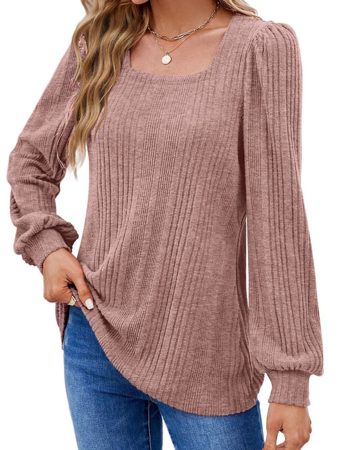 

KPOP Women Self Design Square Neck Top, Mauve