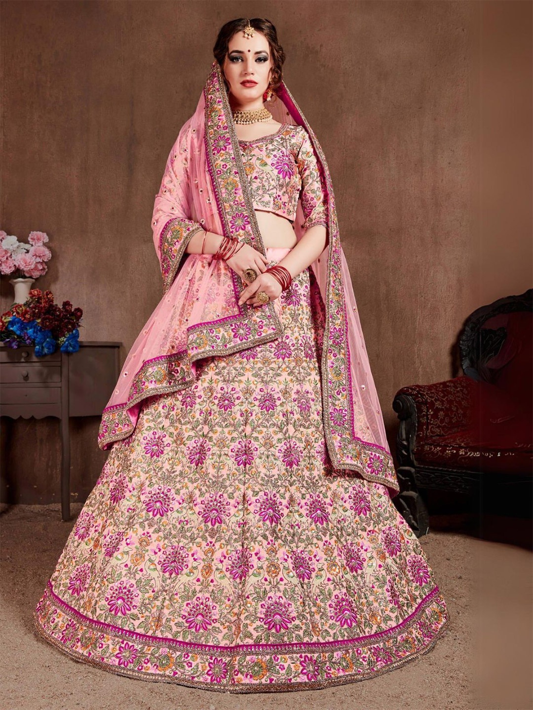 

ODETTE Embroidered Beads and Stones Semi-Stitched Lehenga & Blouse With Dupatta, Pink