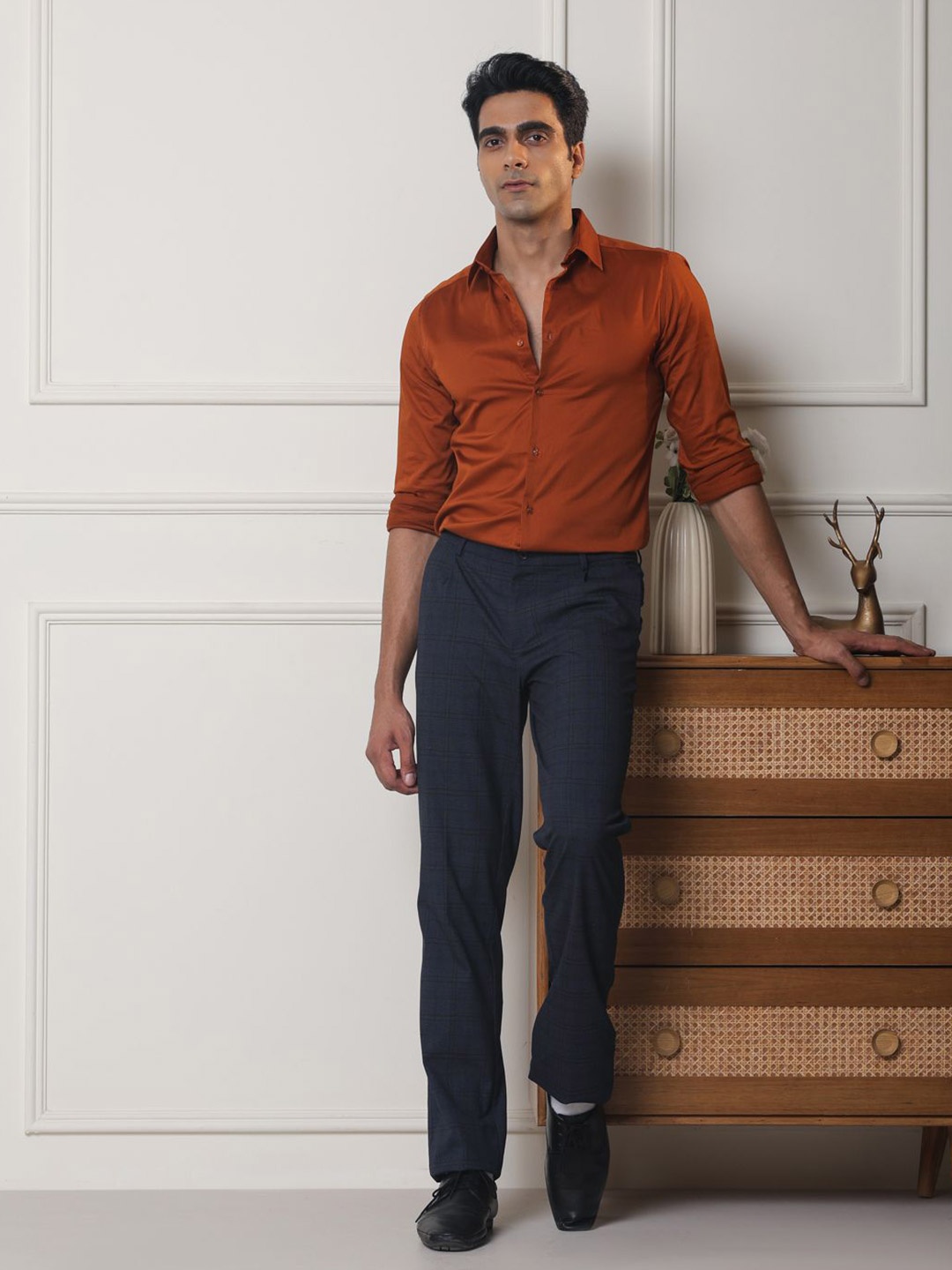 

SUBTRACT Men Spread Collar Solid Cotton Slim Fit Party Shirt, Copper