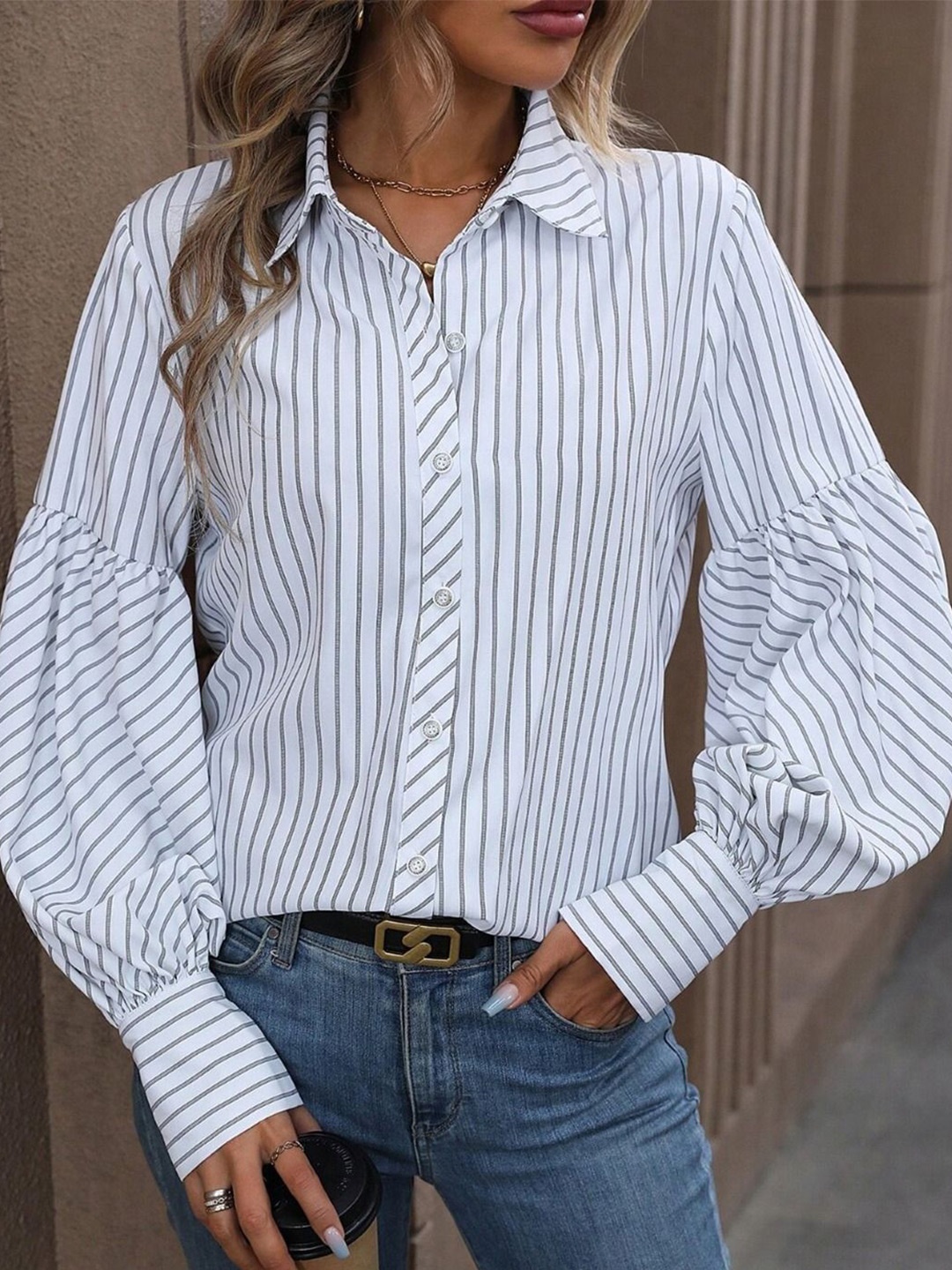 

KPOP Women Vertical Striped Shirt Collar Top, White