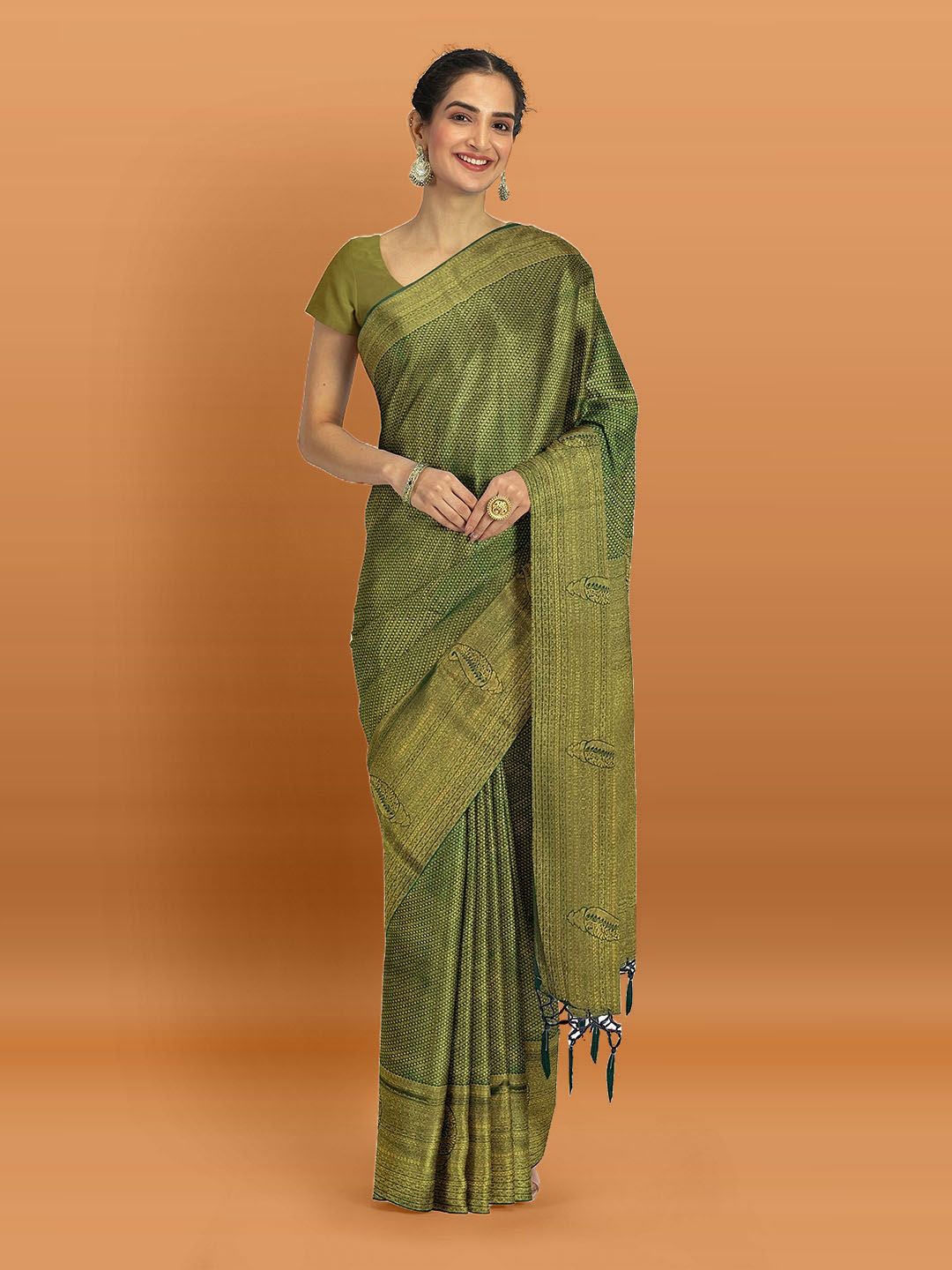 

Meena Bazaar Plain Woven Design Art Silk Saree, Green