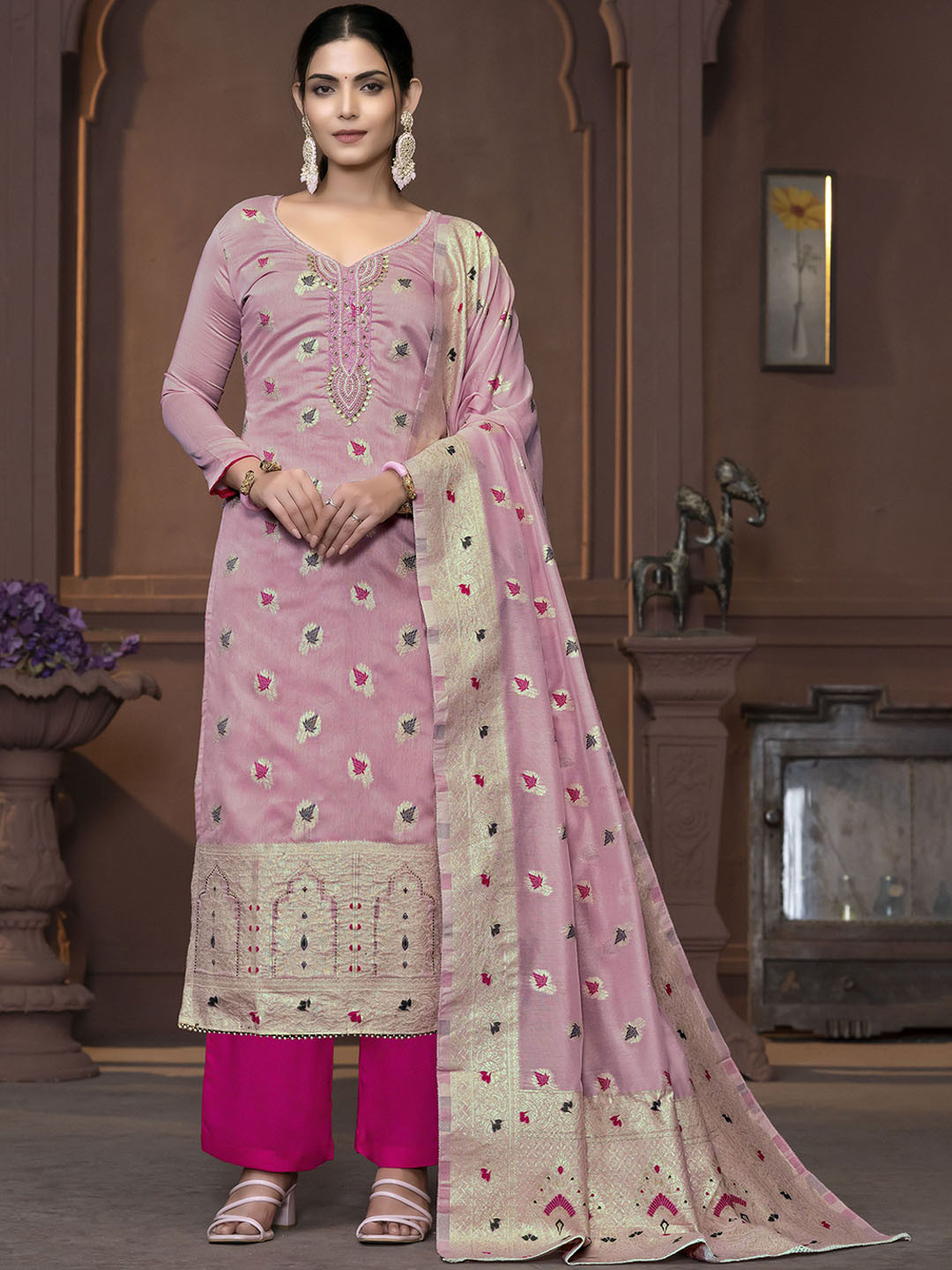 

Maroosh FLoral Embellished Beads and Stones Unstitched Dress Material, Pink