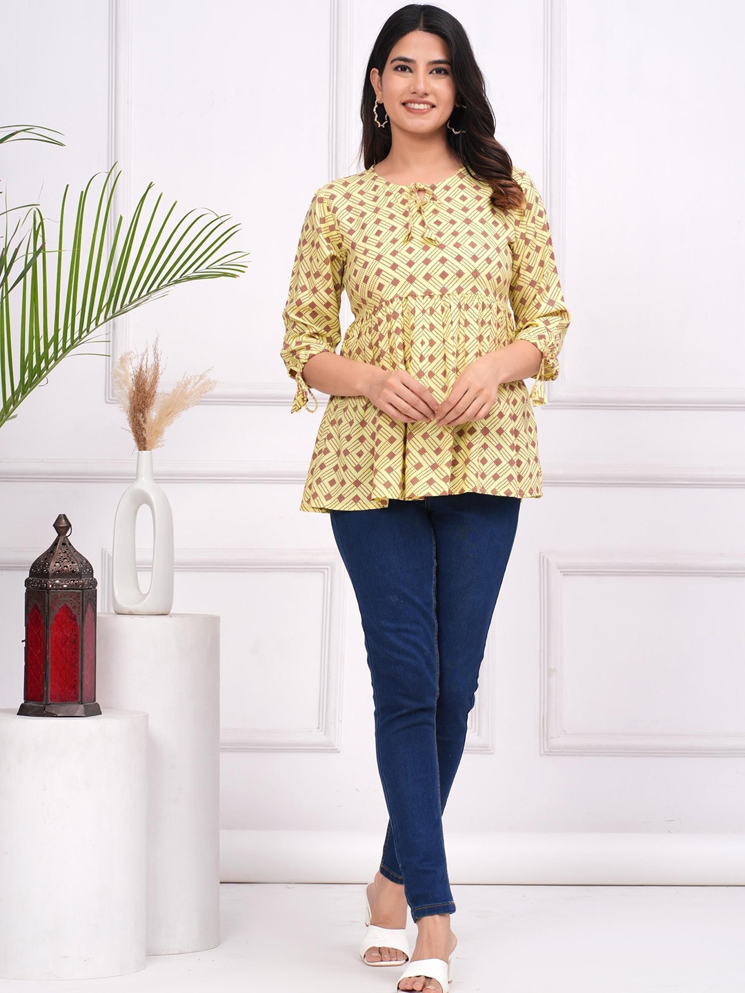 

ANTU KURTIES Women Abstract Printed Tie-Up Neck Cotton Top, Yellow