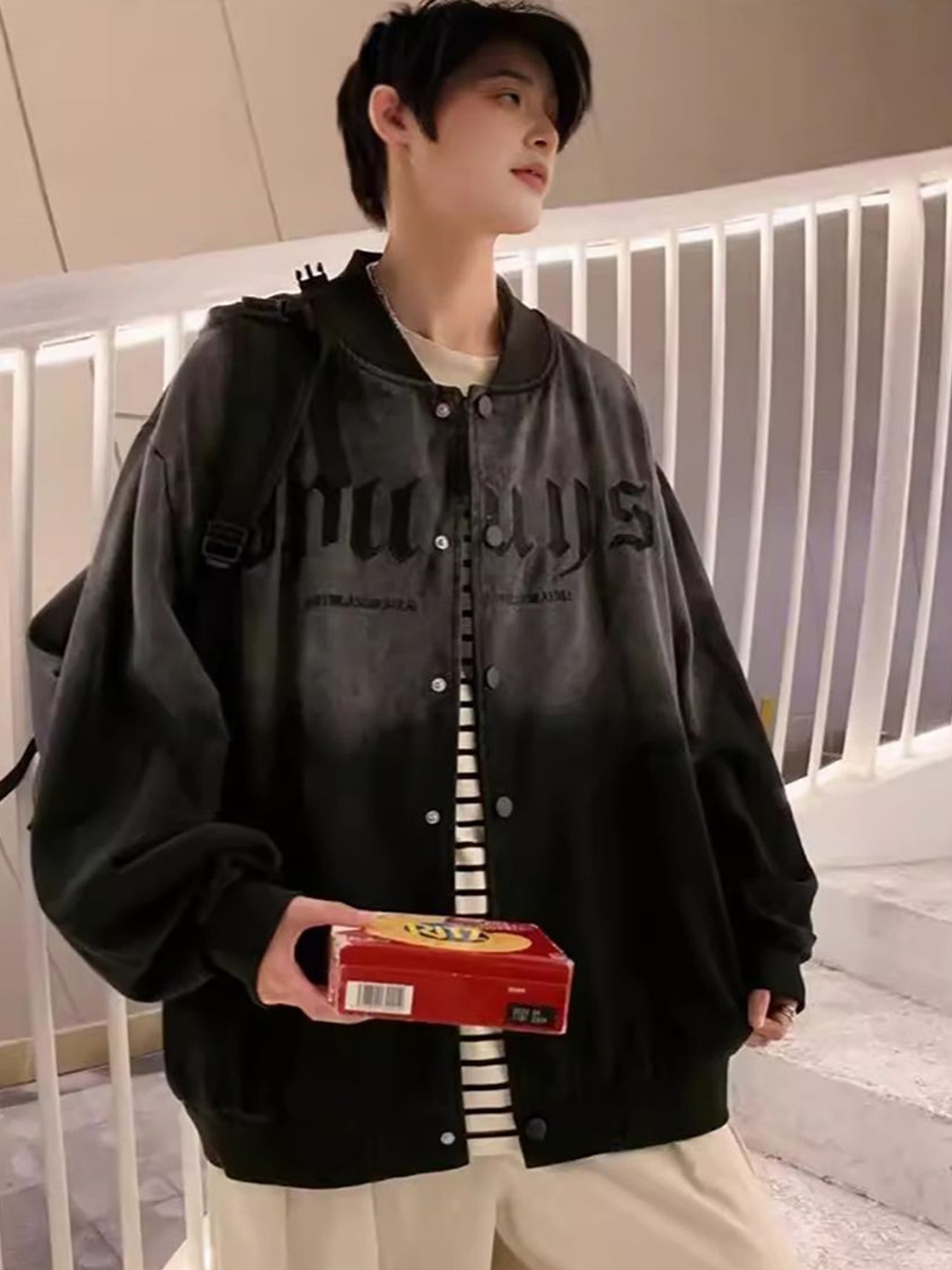 

StyleCast x Revolte Men Colourblocked Oversized Mandarin Collar Tailored Casual Jacket, Black