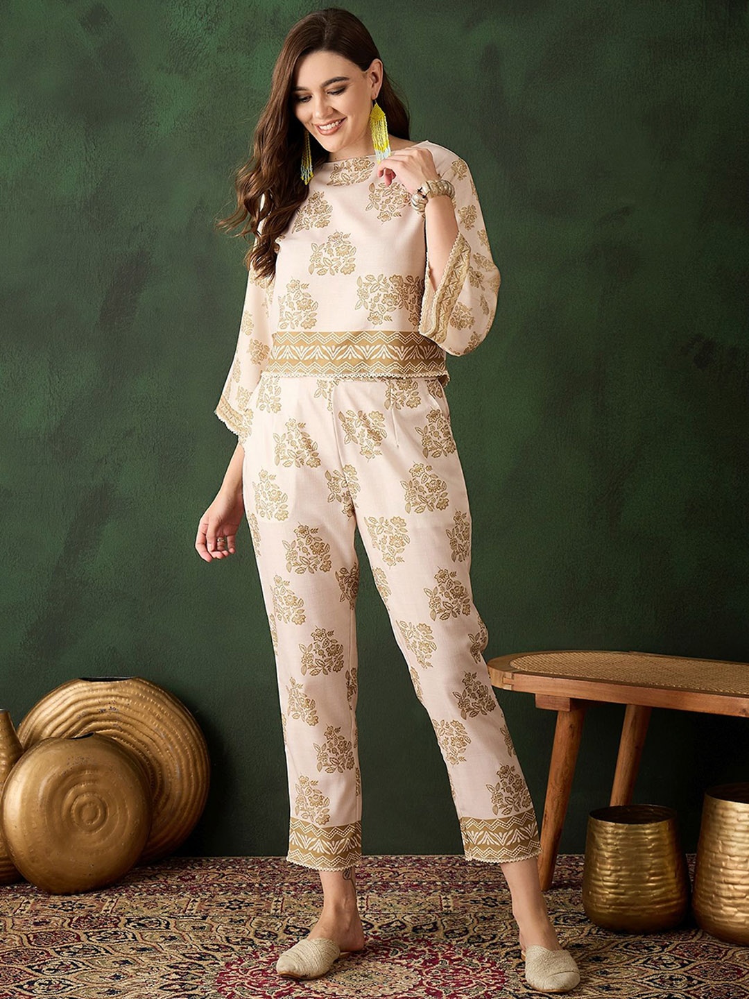 

Sangria Printed Top & Trouser Co-Ord Set, Cream