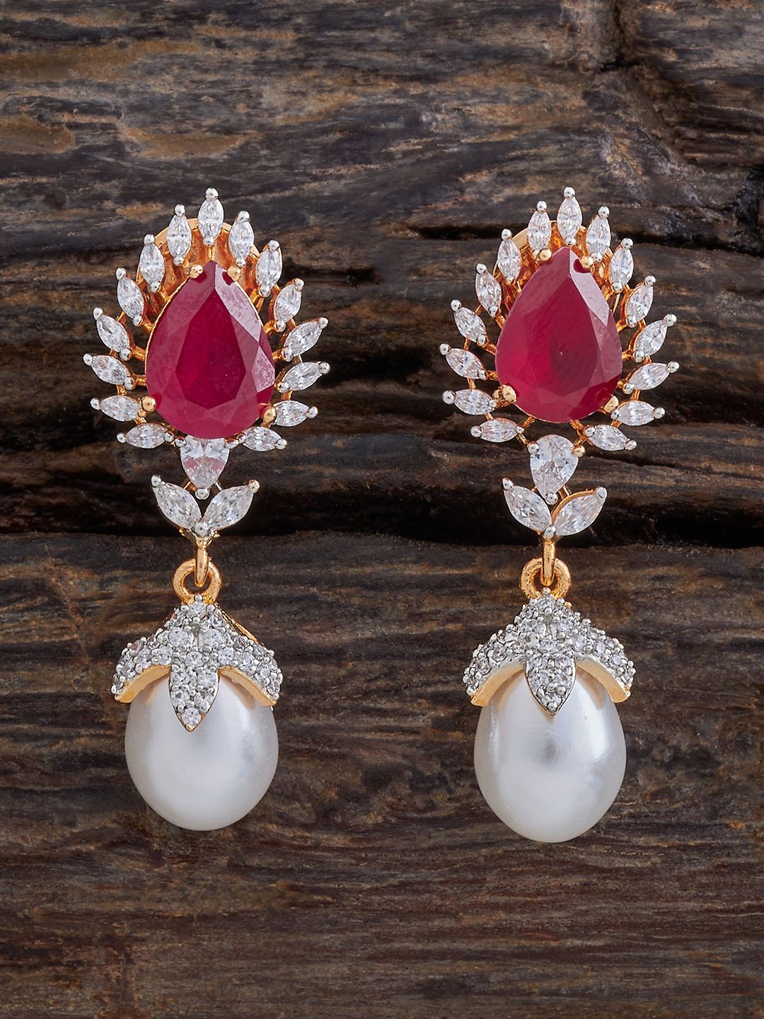 

Kushal's Fashion Jewellery Rhodium-Plated Zircon & Ruby Studded Drop Earrings, Gold