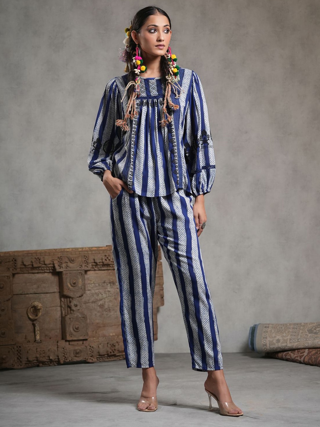 

Nyaro Striped & Embroidered Round Neck Lace Work Top With Trousers, Navy blue