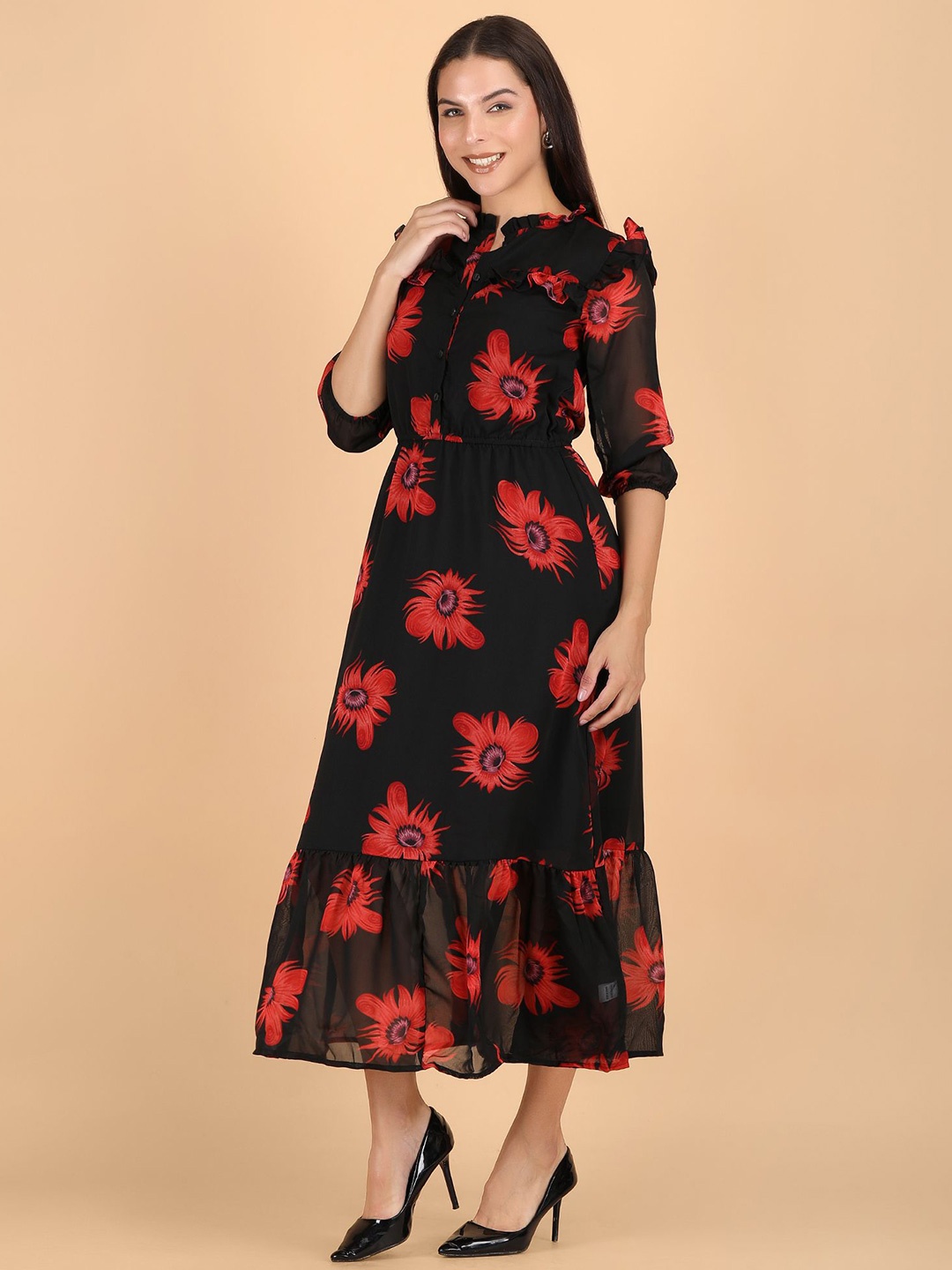 

Sipsew Women High Neck Floral Printed Puff Sleeves Ruffles Fit & Flare Maxi Dress, Black