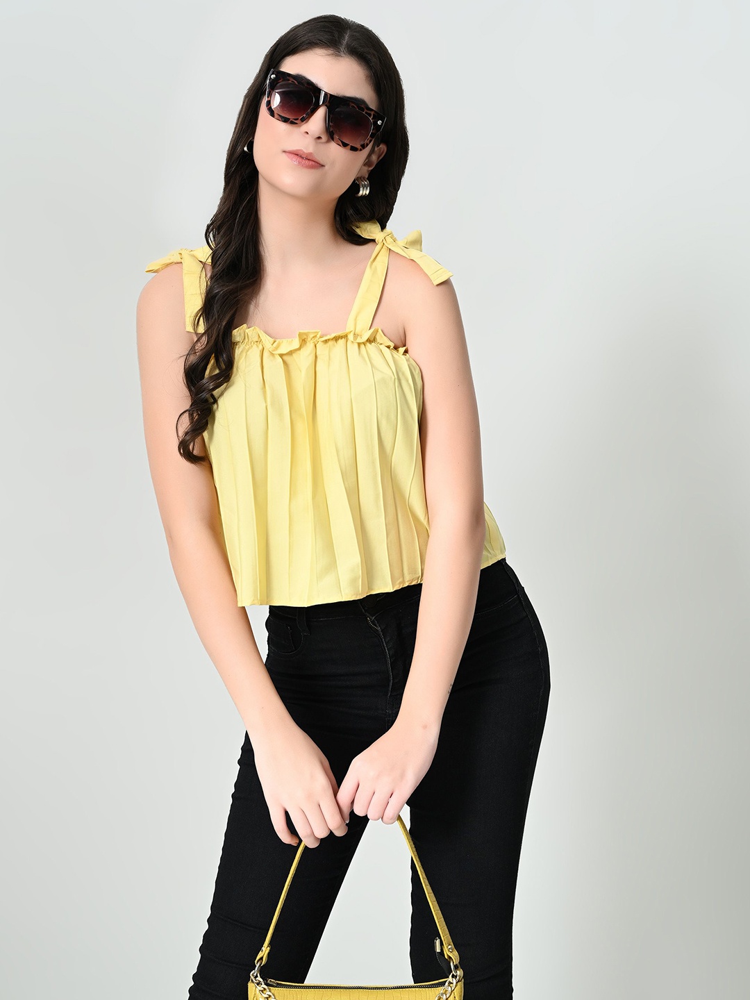 

mrutbaa Women Solid Shoulder Straps Top, Yellow