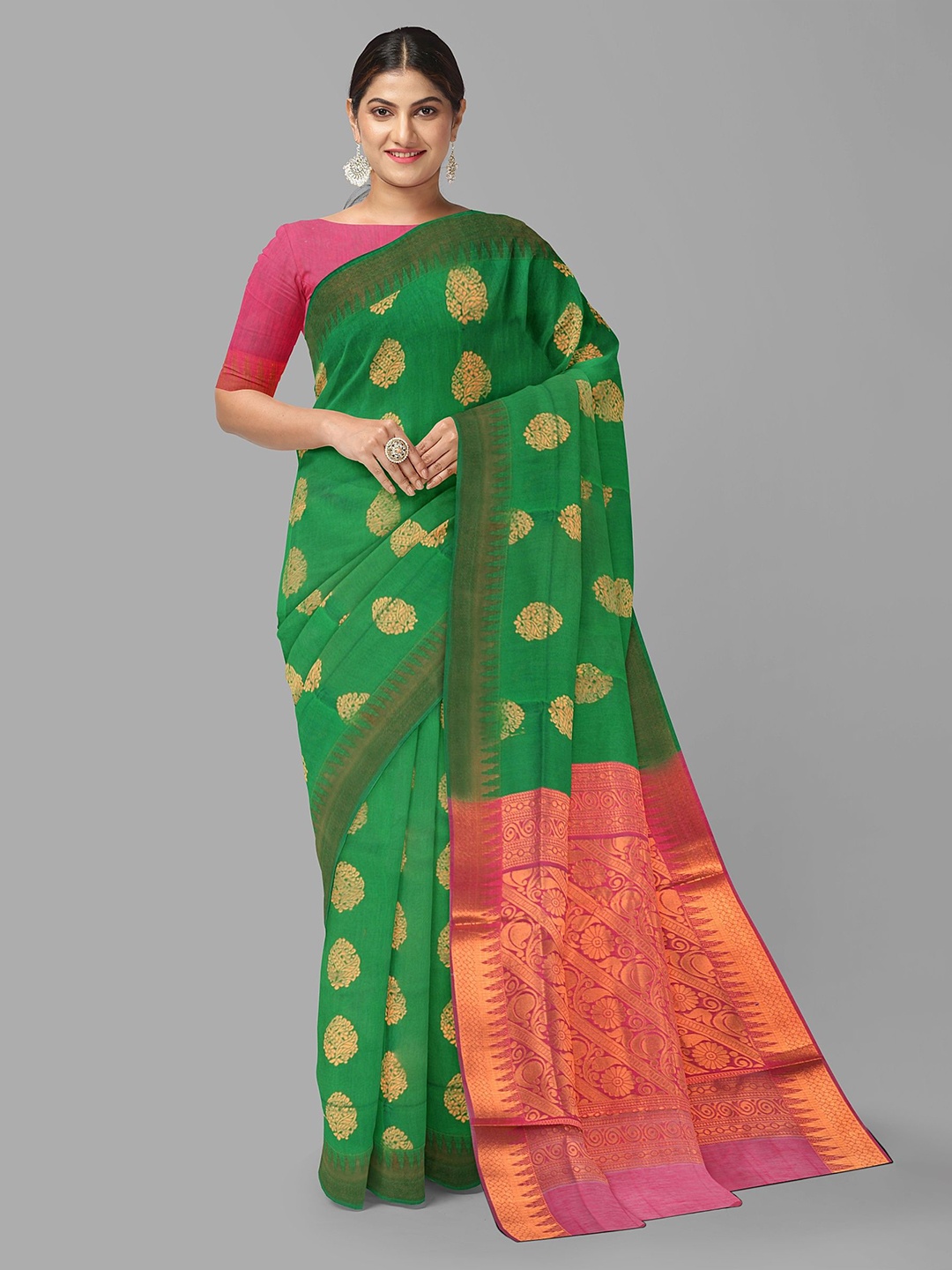 

The Chennai Silks Floral Zari Maheshwari Saree, Green