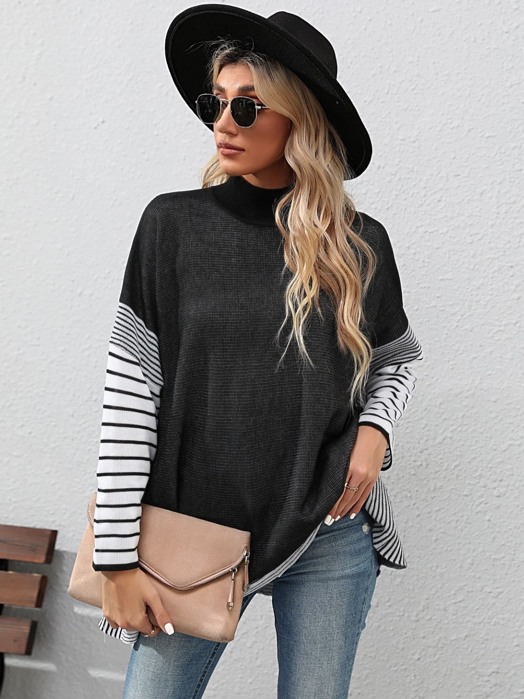 

KPOP Women Horizontal Striped High Neck Top, Black