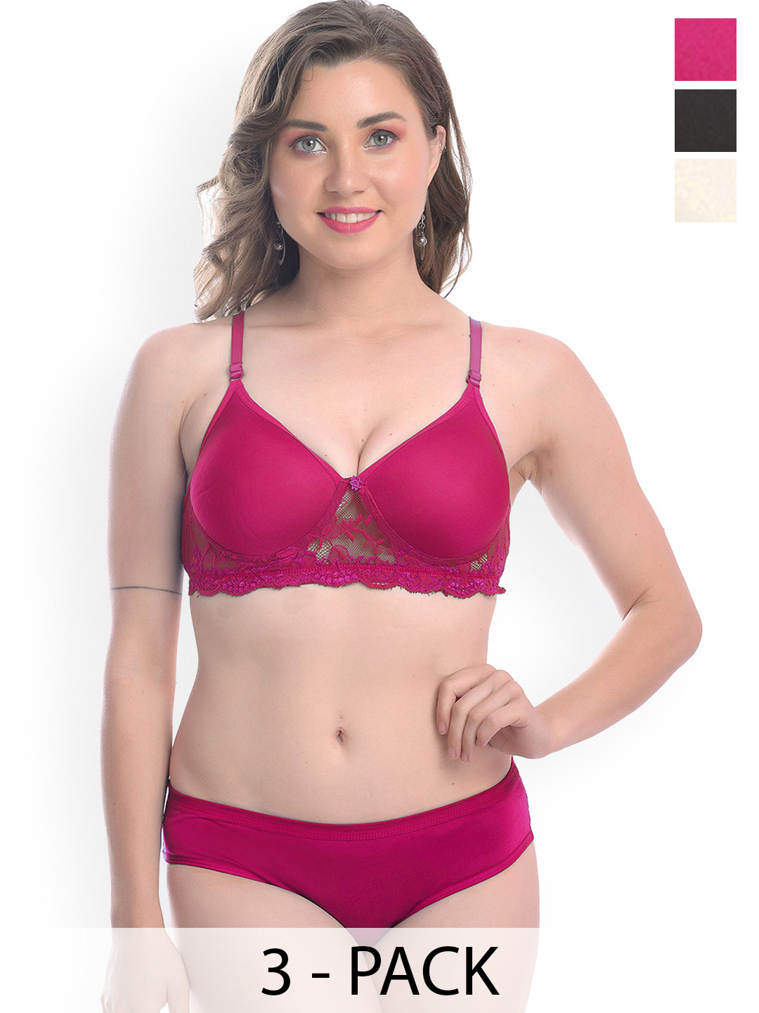 

AROUSY Pack Of 3 Lightly-Padded Lingerie Set, Pink