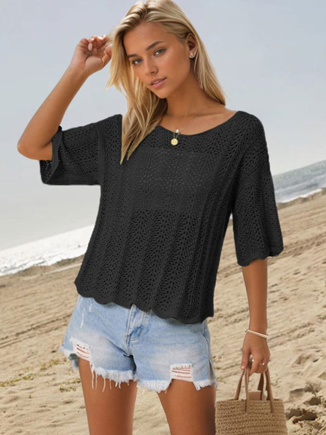 

StyleCast Women Self Design Round Neck Top, Black