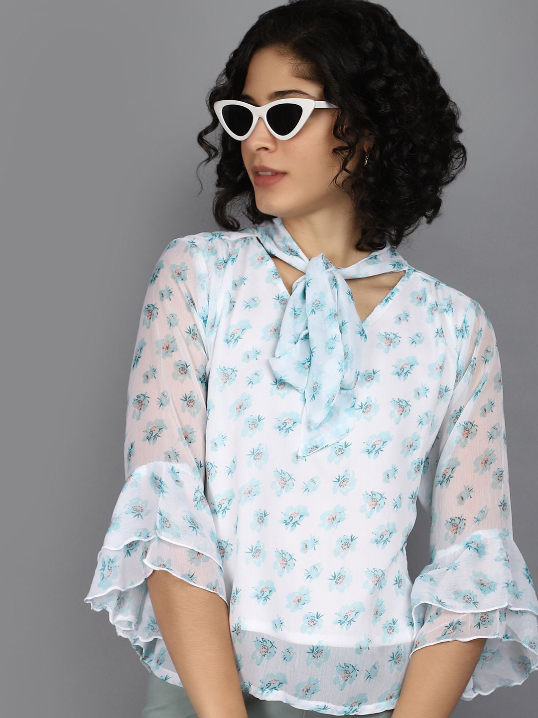 

V-Mart Women Floral Printed Tie-Up Neck Cotton Top, White