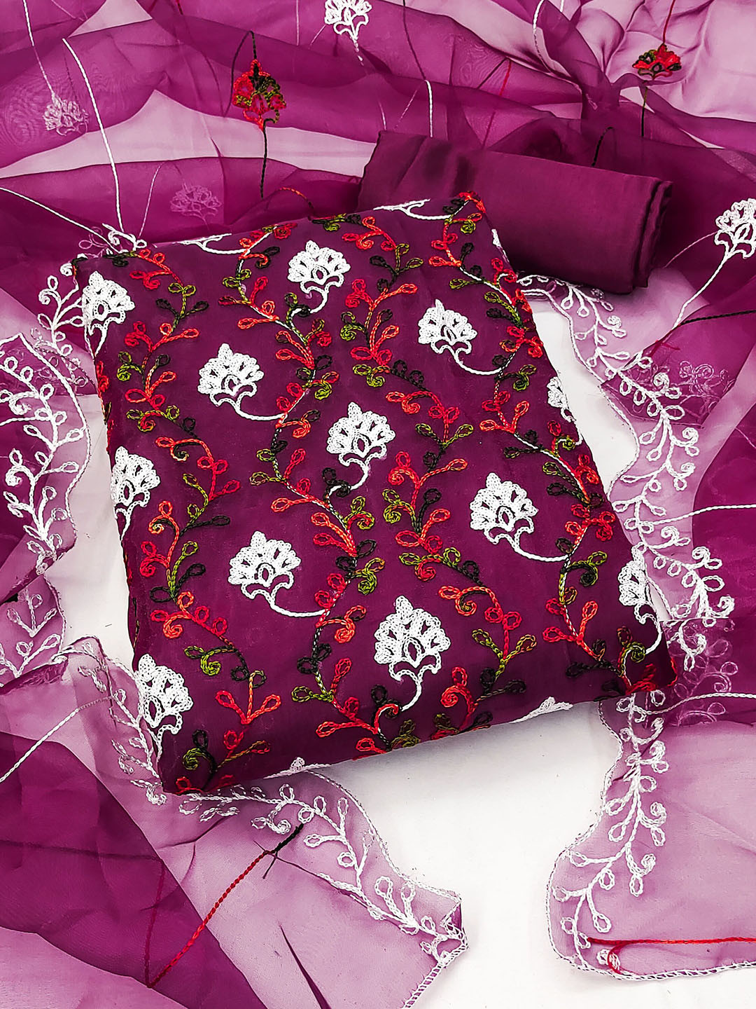 

KALINI Floral Embroidered Organza Unstitched Dress Material, Purple