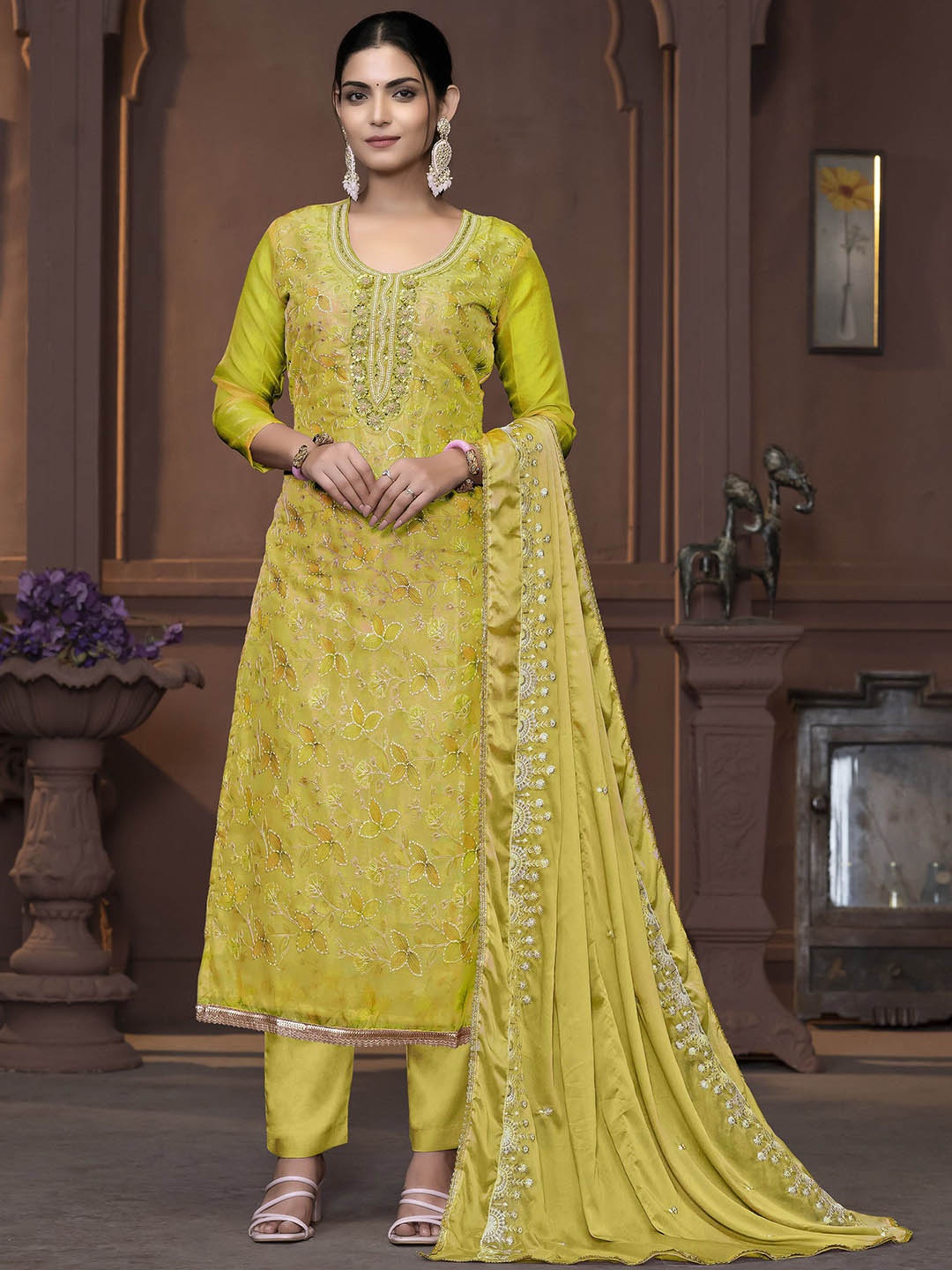 

Maroosh Floral Embellished Beads And Stones Organza Unstitched Dress Material, Lime green