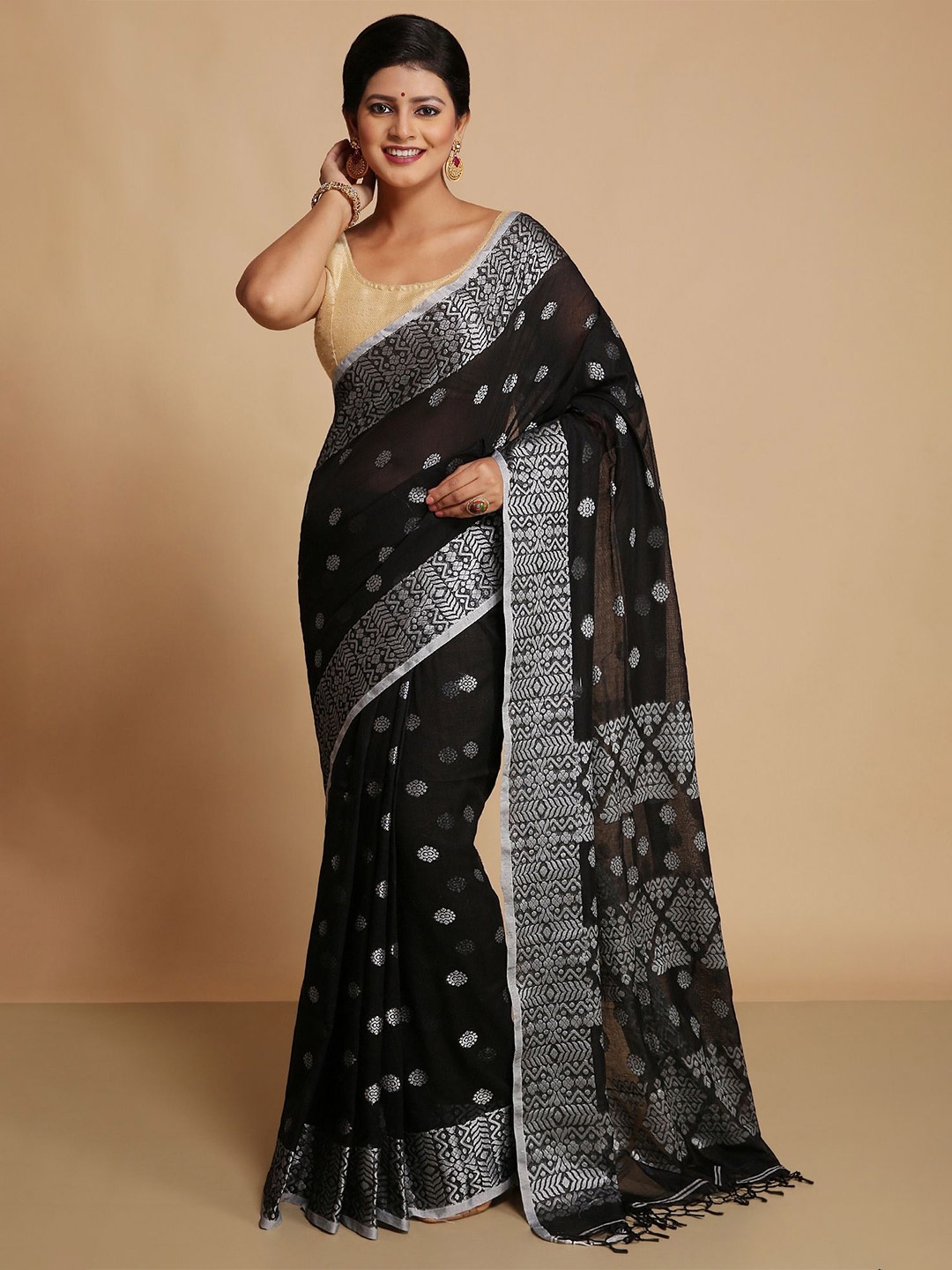 

WoodenTant Woven Design Zari Pure Cotton Khadi Saree, Black