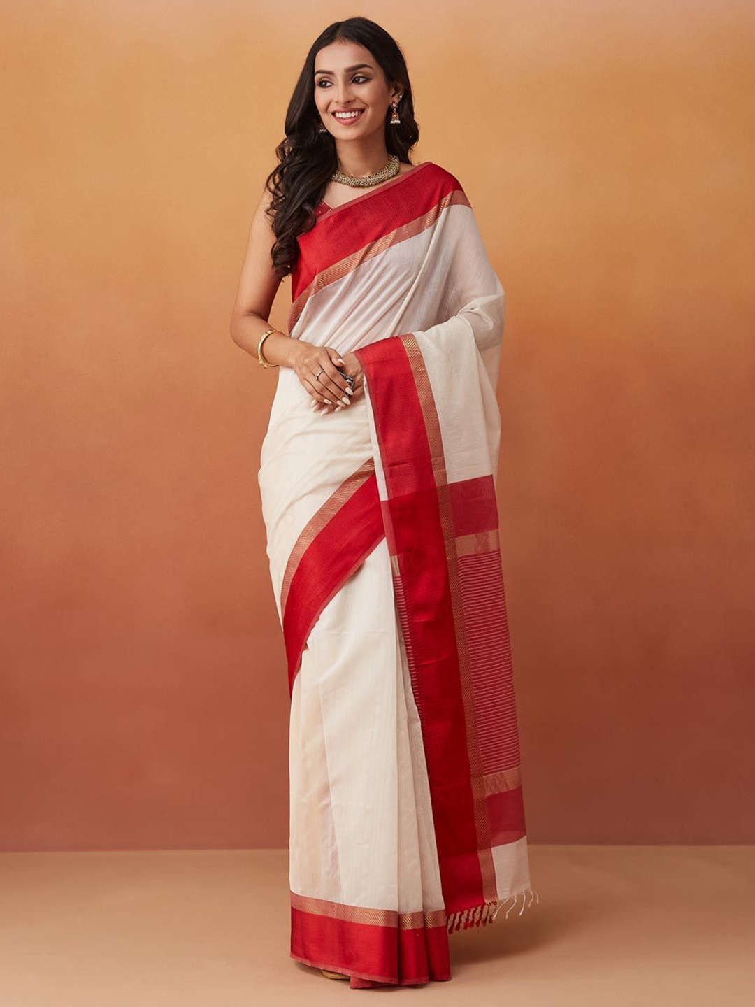 

Fabindia Natural Cotton Silk Blend Maheshwari Sari, Off white