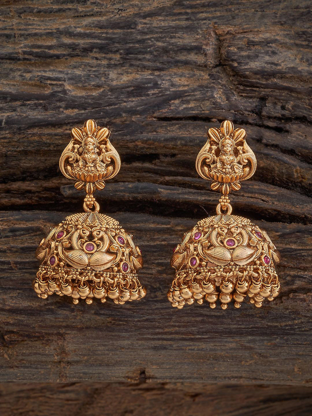 

Kushal's Fashion Jewellery Gold Plated Dome Shaped Antique Jhumkas, Red