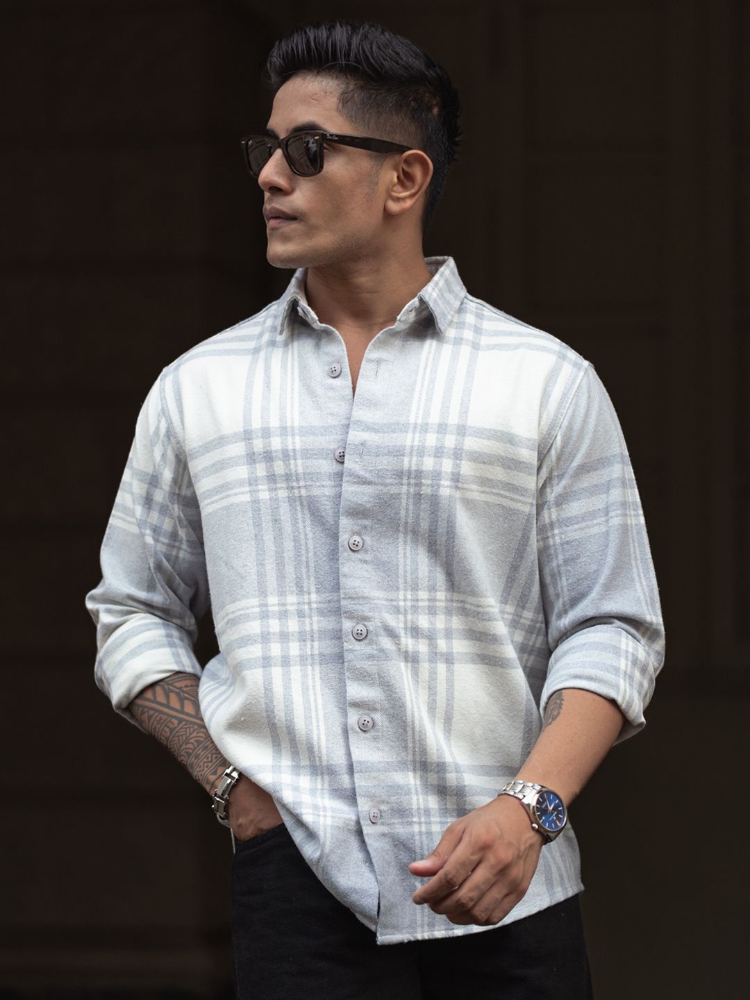 

Powerlook Men Spread Collar Tartan Checked Cotton Casual Shirt, Grey