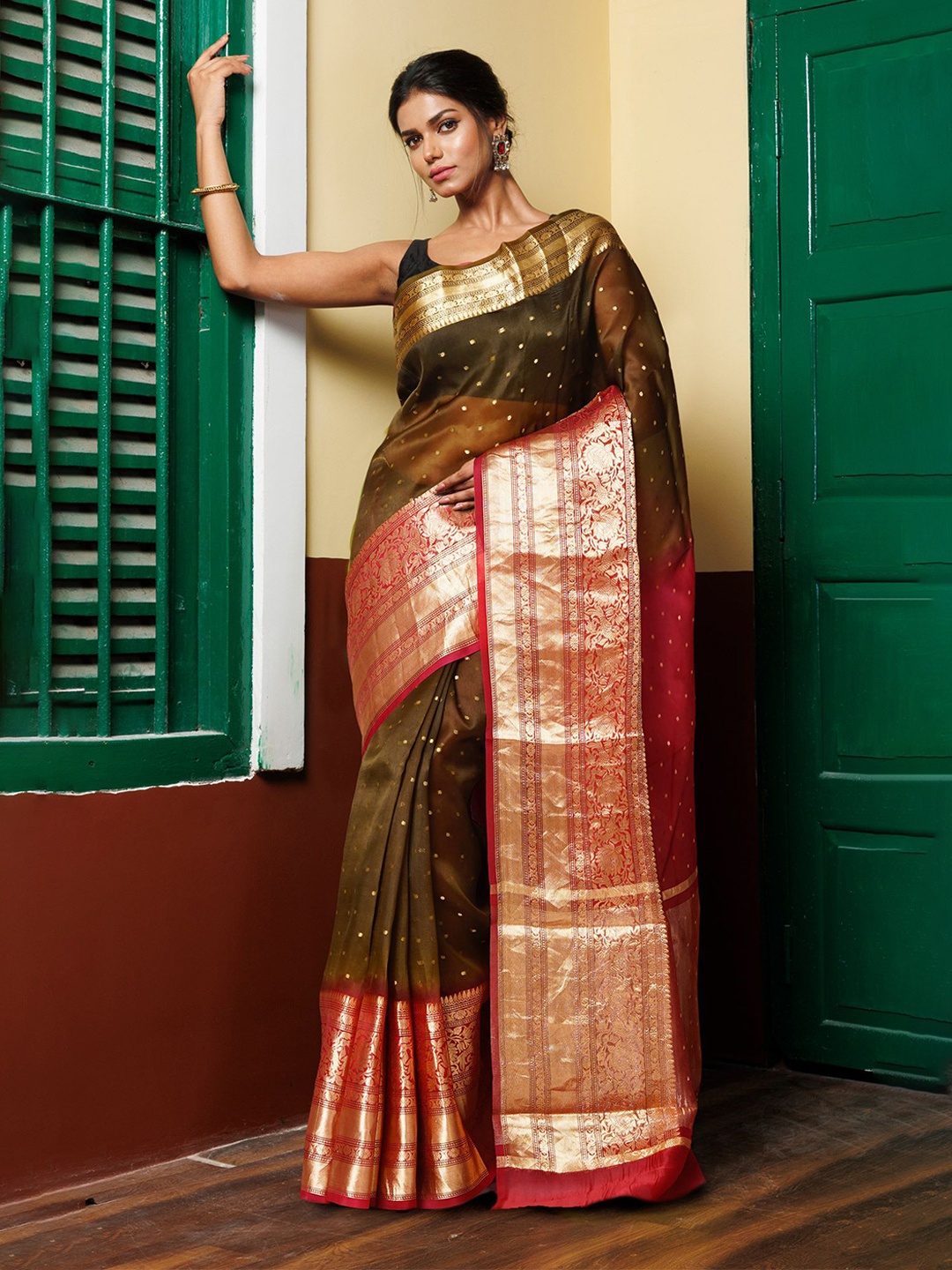 

Unnati Silks Ombre Zari Organza Banarasi Saree, Green