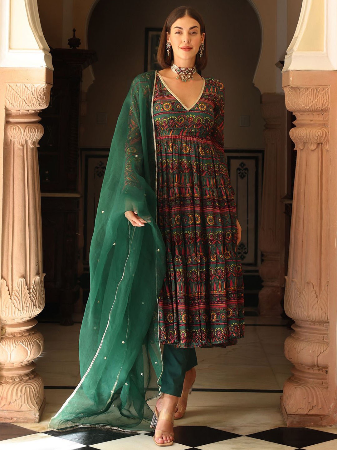 

Anni Designer Ethnic Motifs Printed Anarkali Kurta With Trouser & Dupatta, Green