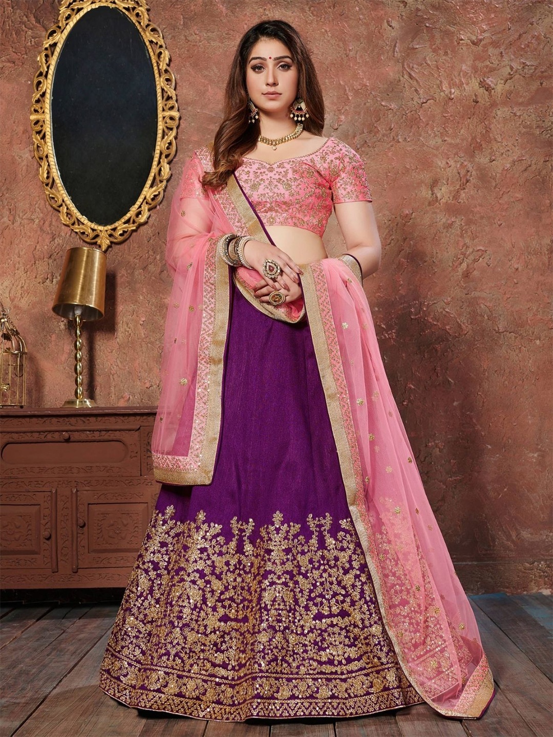 

ODETTE Floral Embroidered Sequinned Semi-Stitched Lehenga & Blouse With Dupatta, Peach