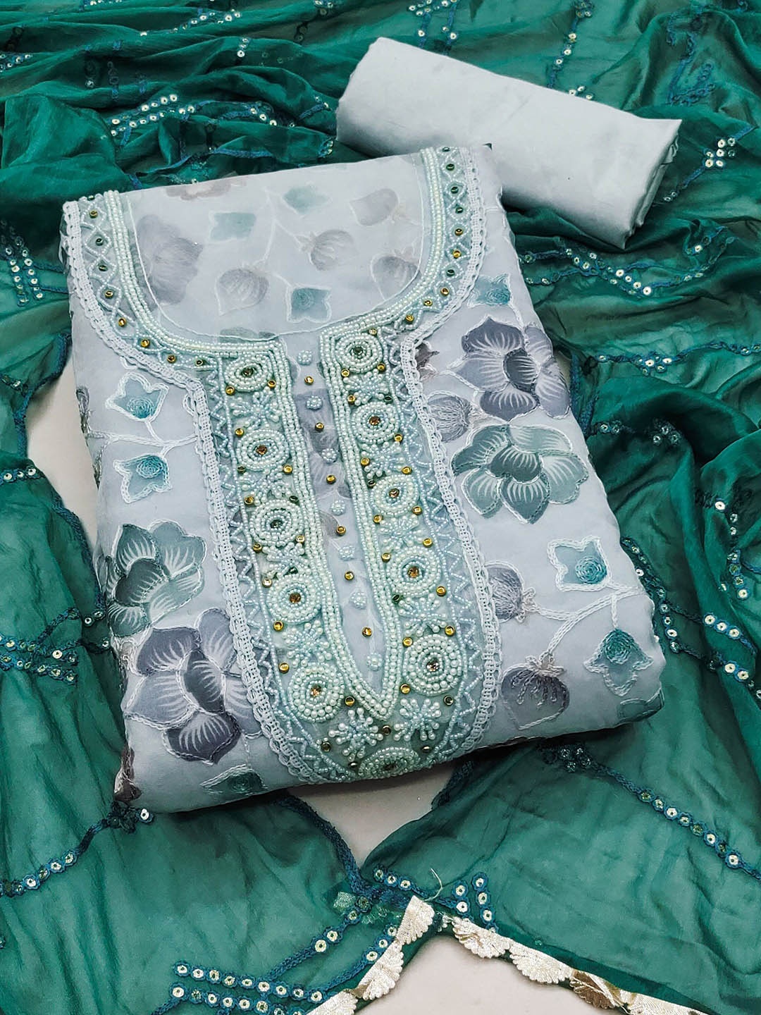 

MANVAA Printed Organza Unstitched Dress Material, Green