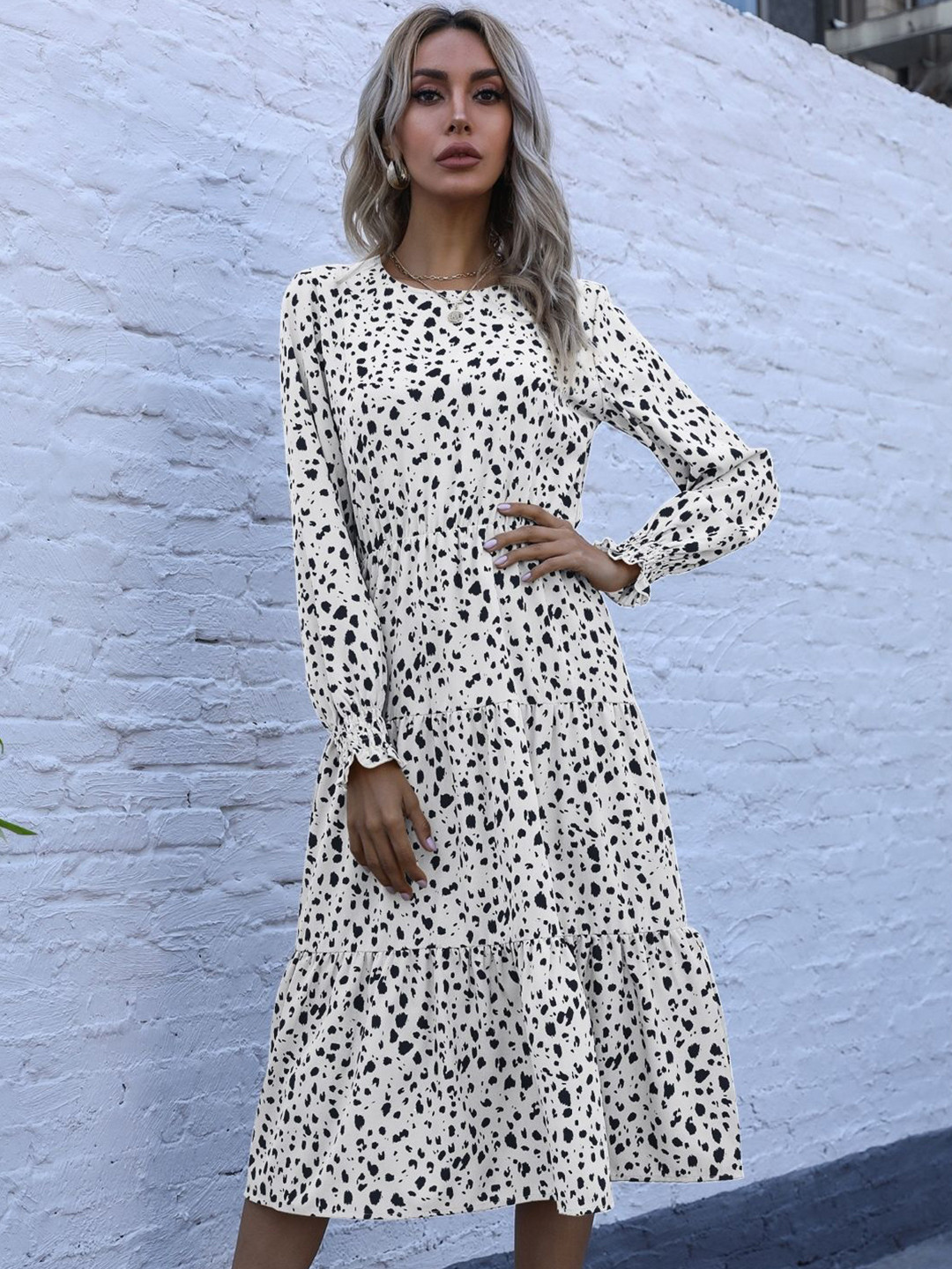 

KPOP Women Animal Print Puff Sleeve A-Line Midi Dress, White