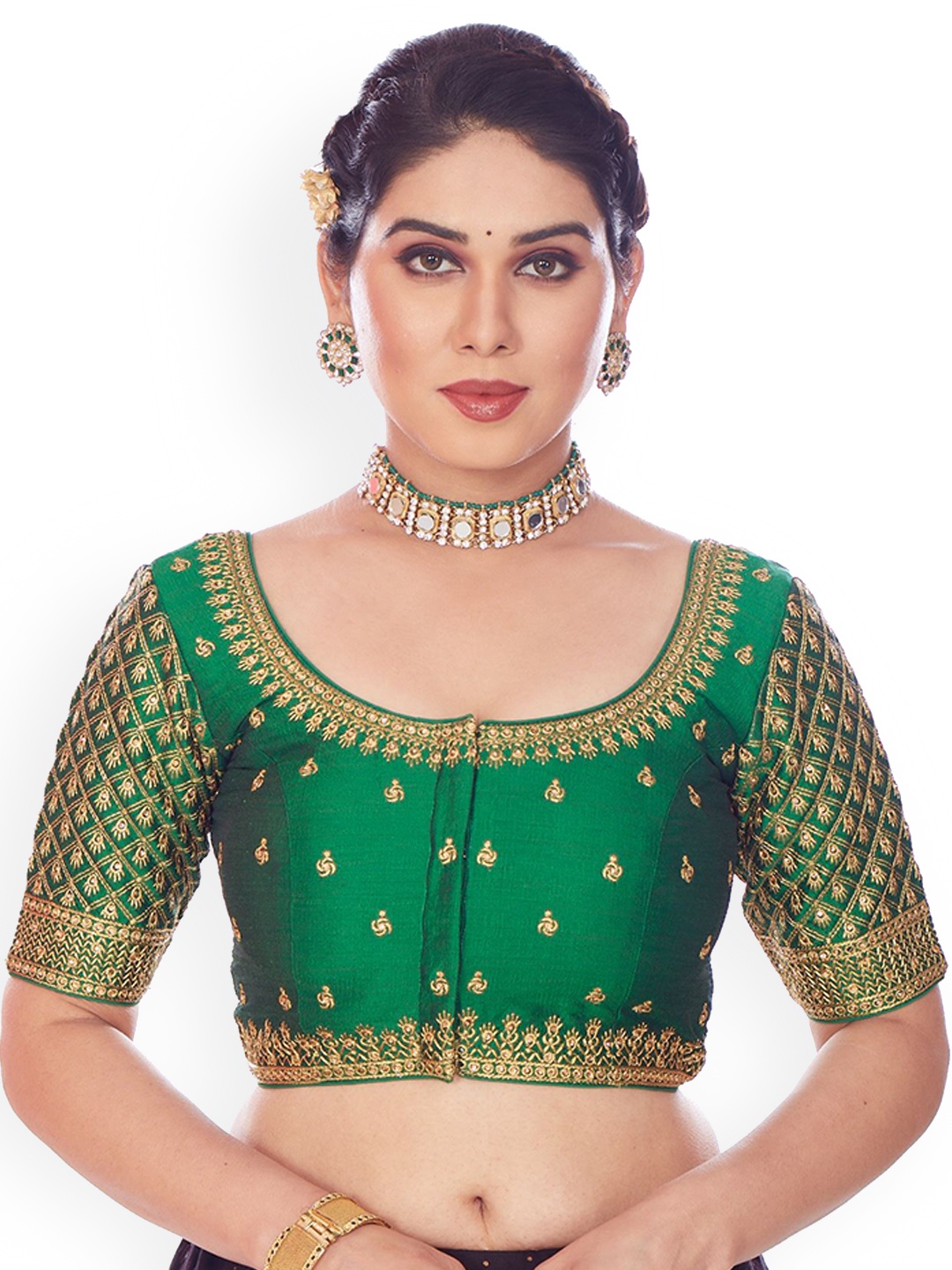 

Mmore Embroidered Padded Saree Blouse, Green