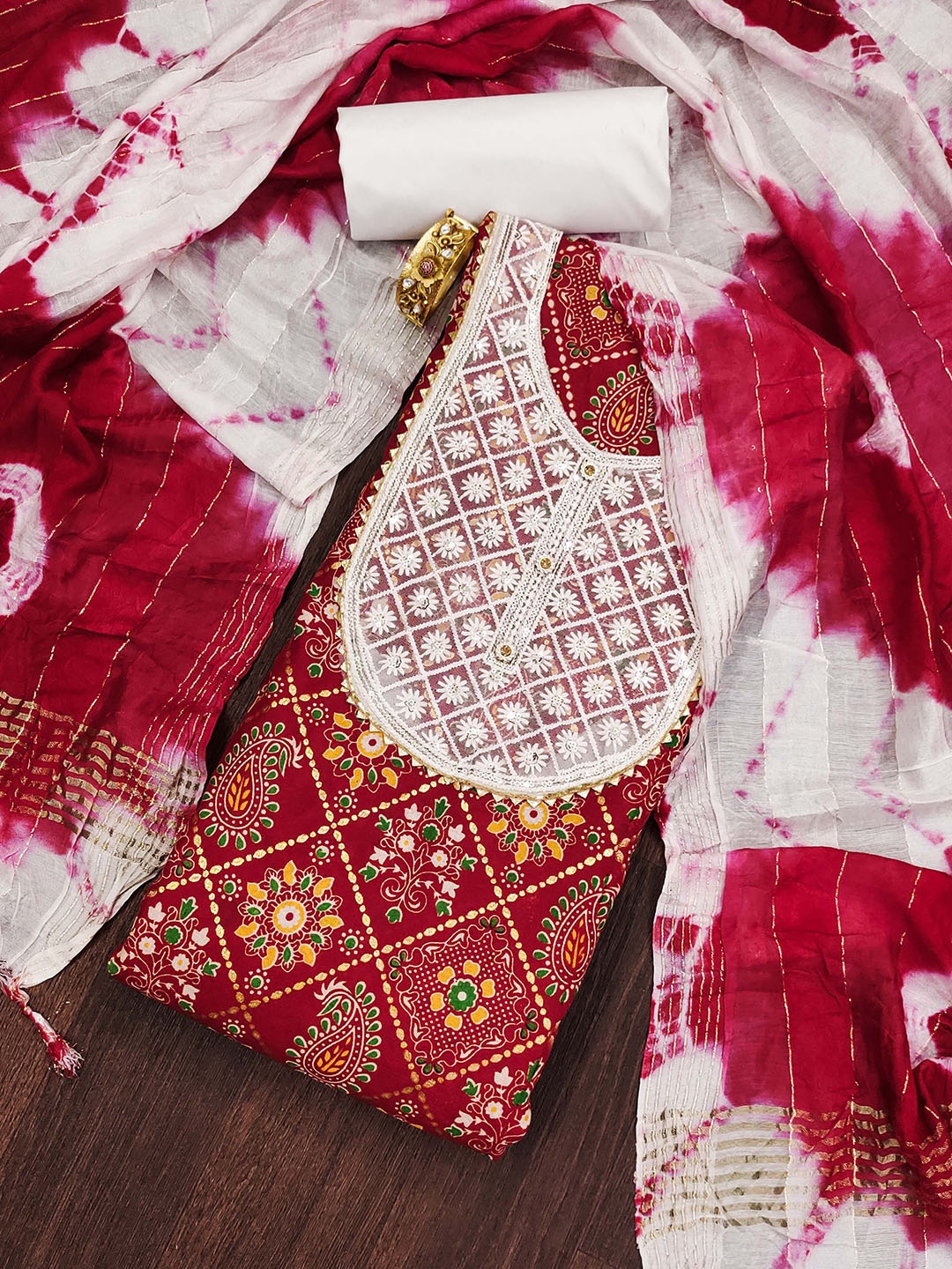 

KALINI Ethnic Motifs Embroidered Pure Cotton Unstitched Dress Material, Red