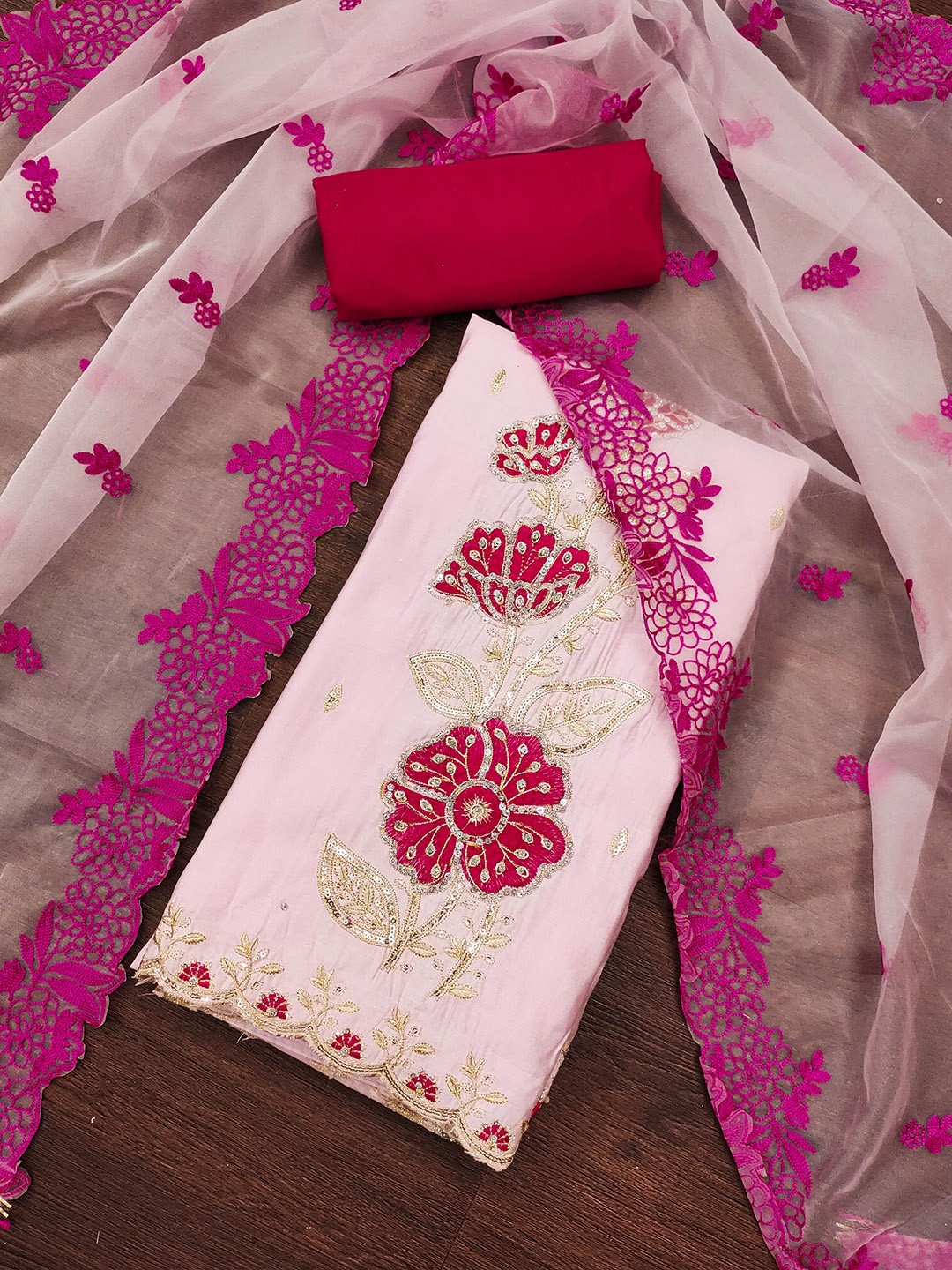 

MANVAA Floral Embellished Sequinned Detail Unstitched Dress Material, Pink