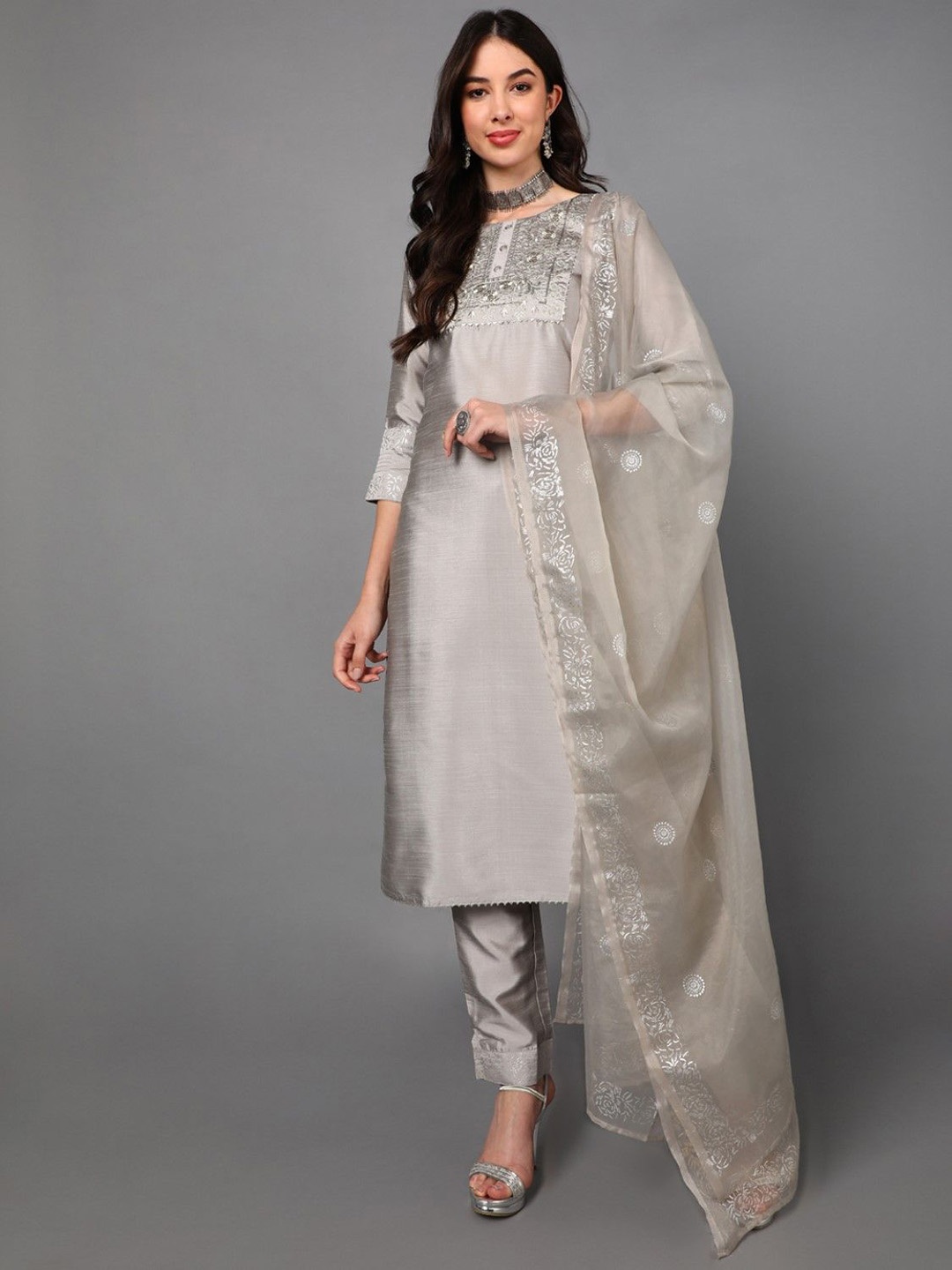 

KALINI Women Ethnic Motifs Embroidered Regular Kurta with Trousers & With Dupatta, Grey