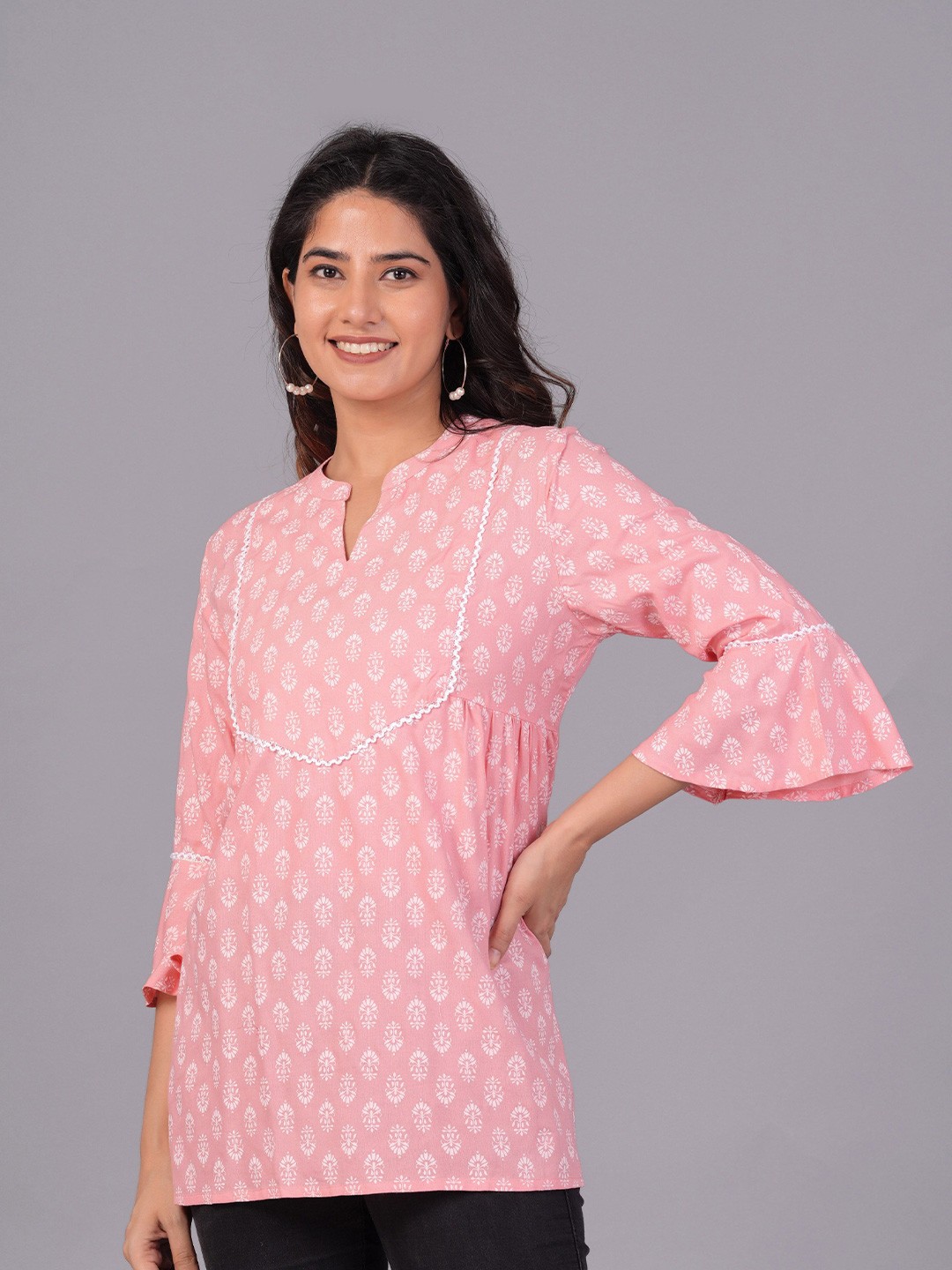 

BAESD Women Floral Printed Mandarin Collar Cotton Top, Peach