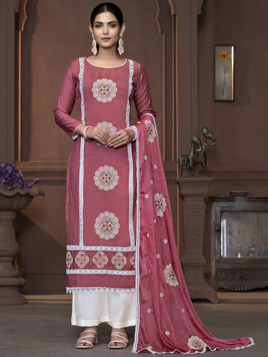 

MANVAA Floral Embroidered Unstitched Dress Material, Pink