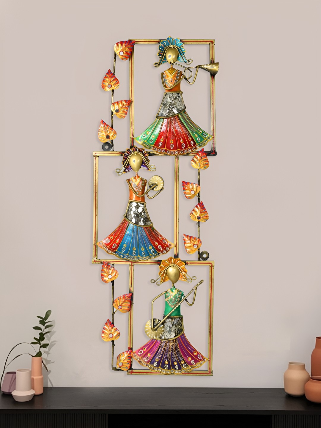 

Aapno Rajasthan Black & Red Textured Tribal Lady Musicians Wall Hangings, Gold