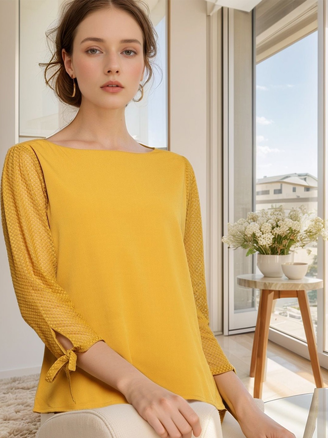 

RARE Women Solid Round Neck Top, Yellow