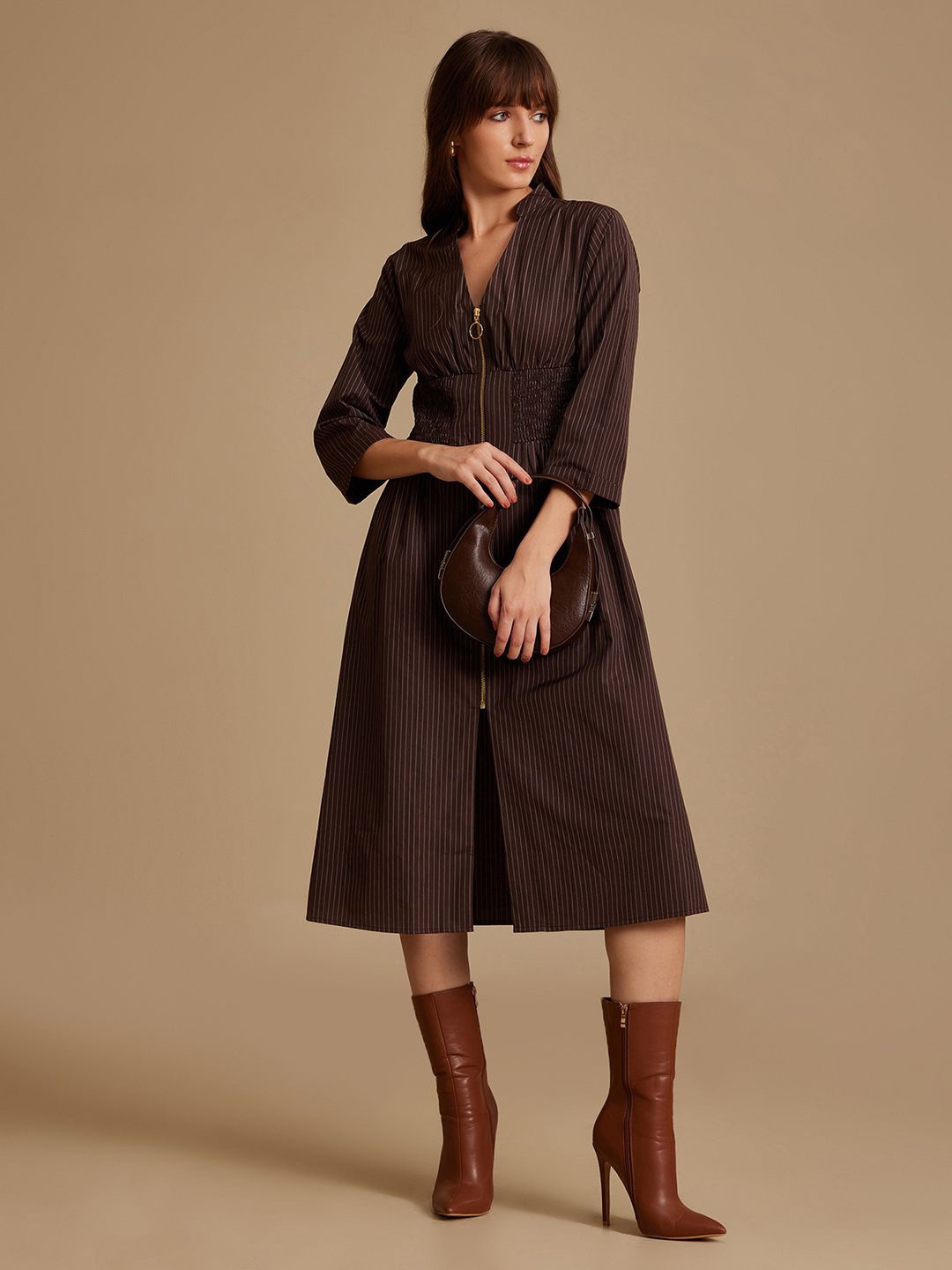 

Kazo Striped A-Line Midi Cotton Dress, Brown