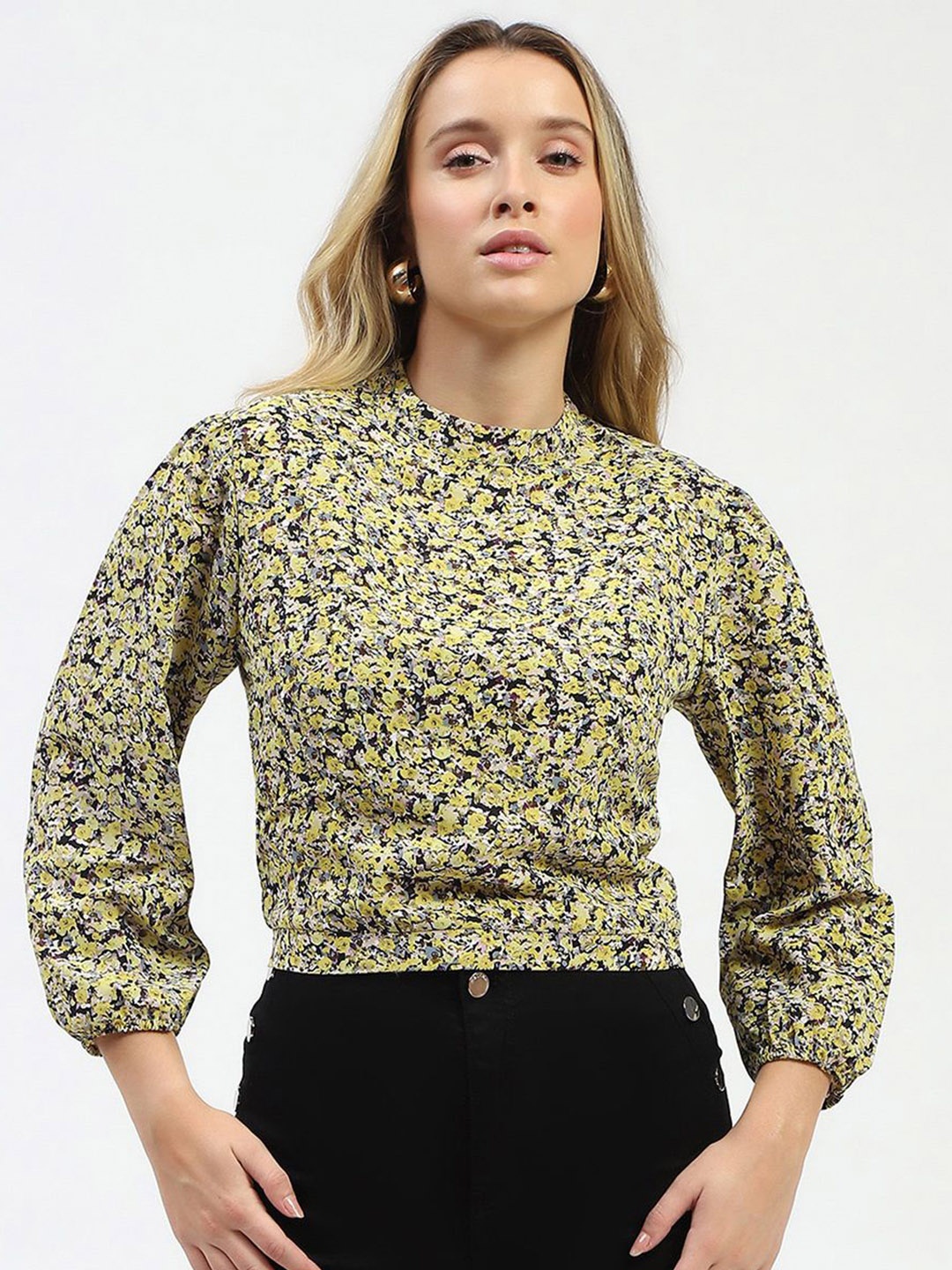 

Madame Women Floral Printed High Neck Top, Yellow