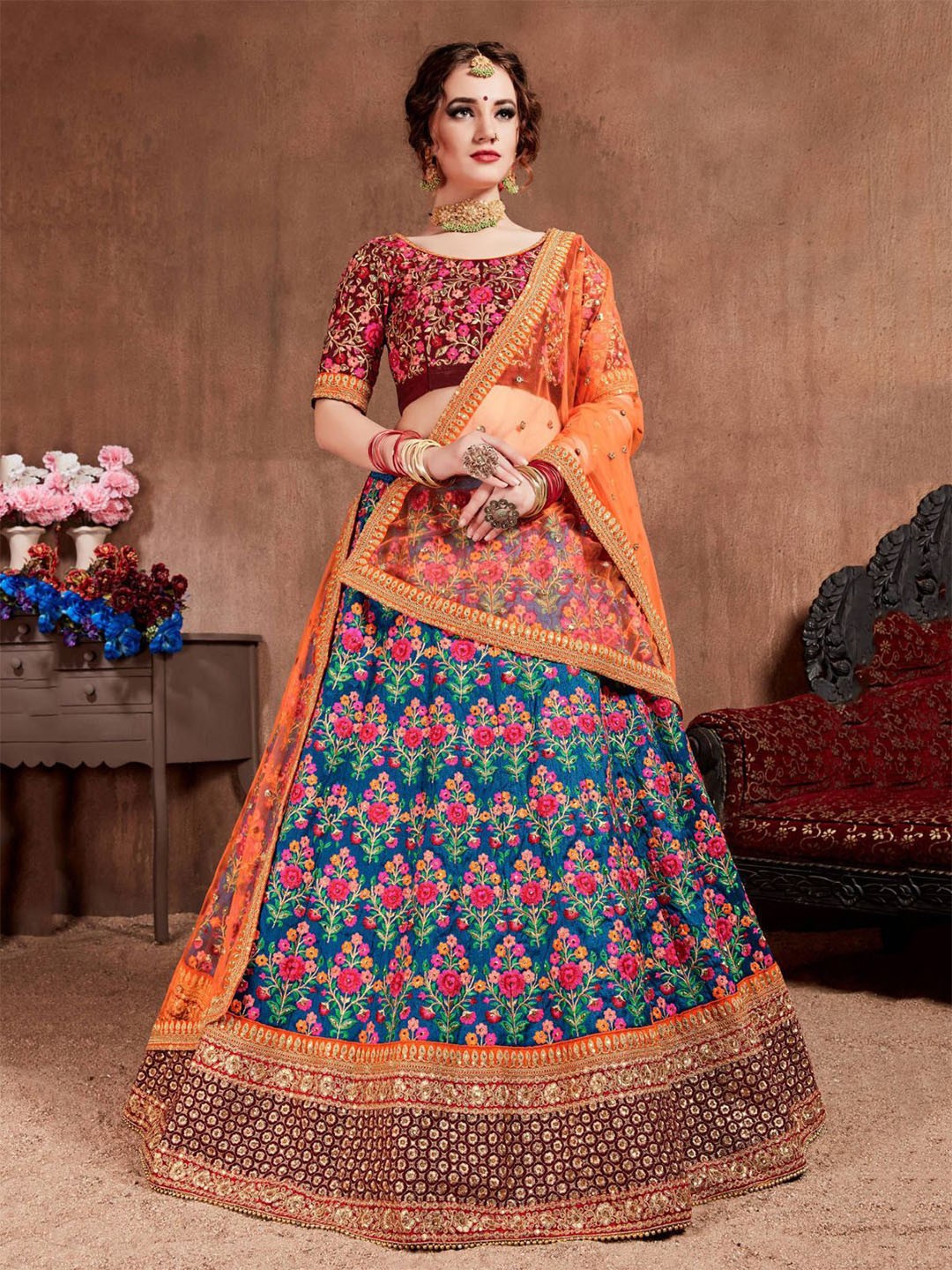 

ODETTE Floral Embroidered Thread Work Semi-Stitched Lehenga & Blouse With Dupatta, Maroon