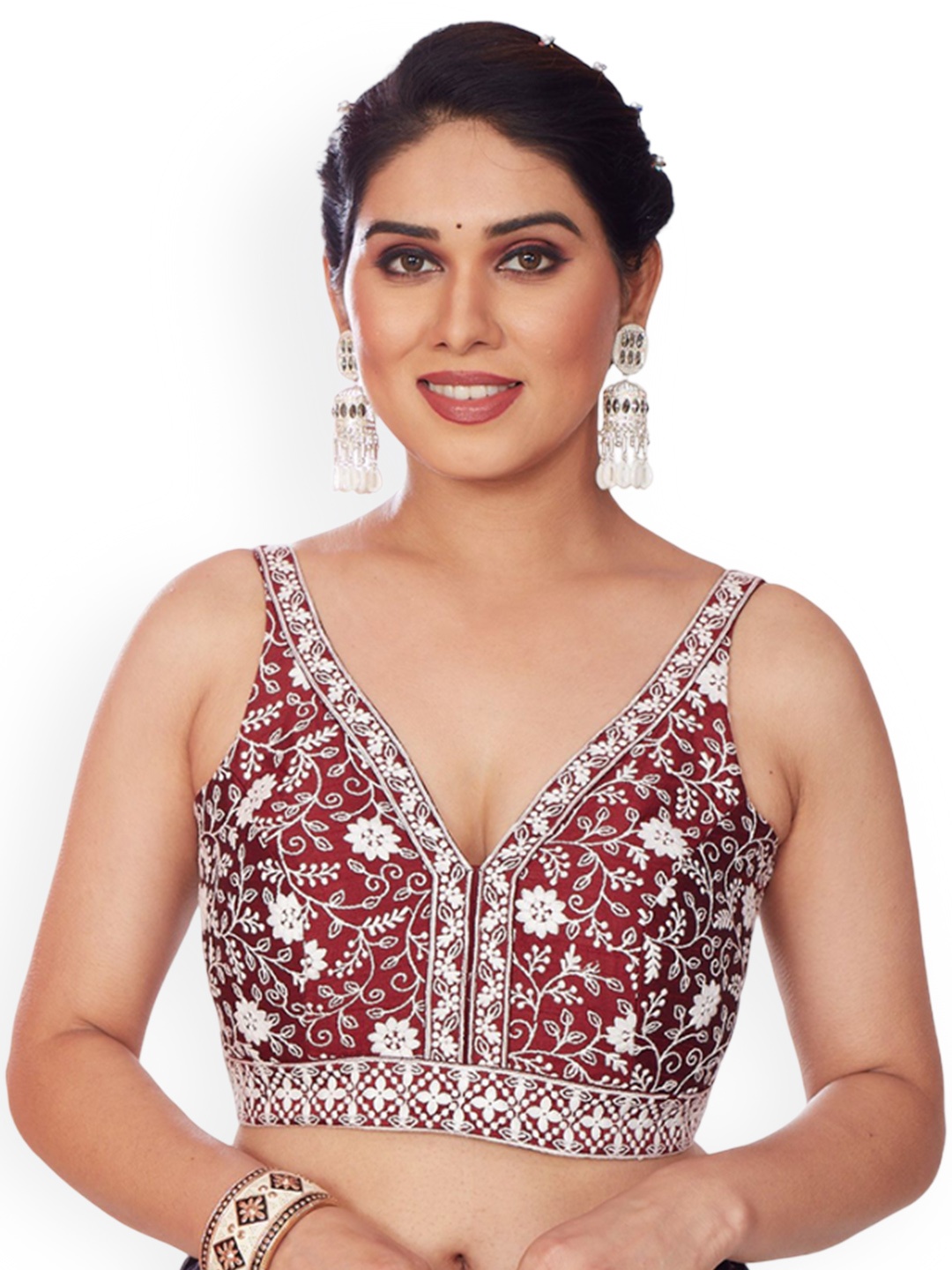 

Mmore Embroidered Padded Saree Blouse, Maroon