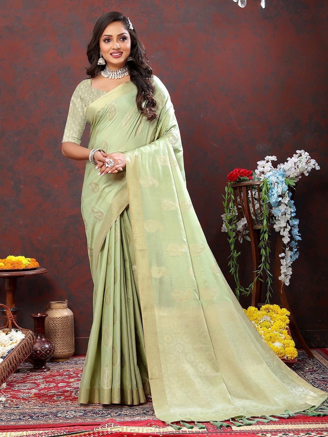

Zeekha Woven Design Zari Pure Silk Kanjeevaram Saree, Sea green