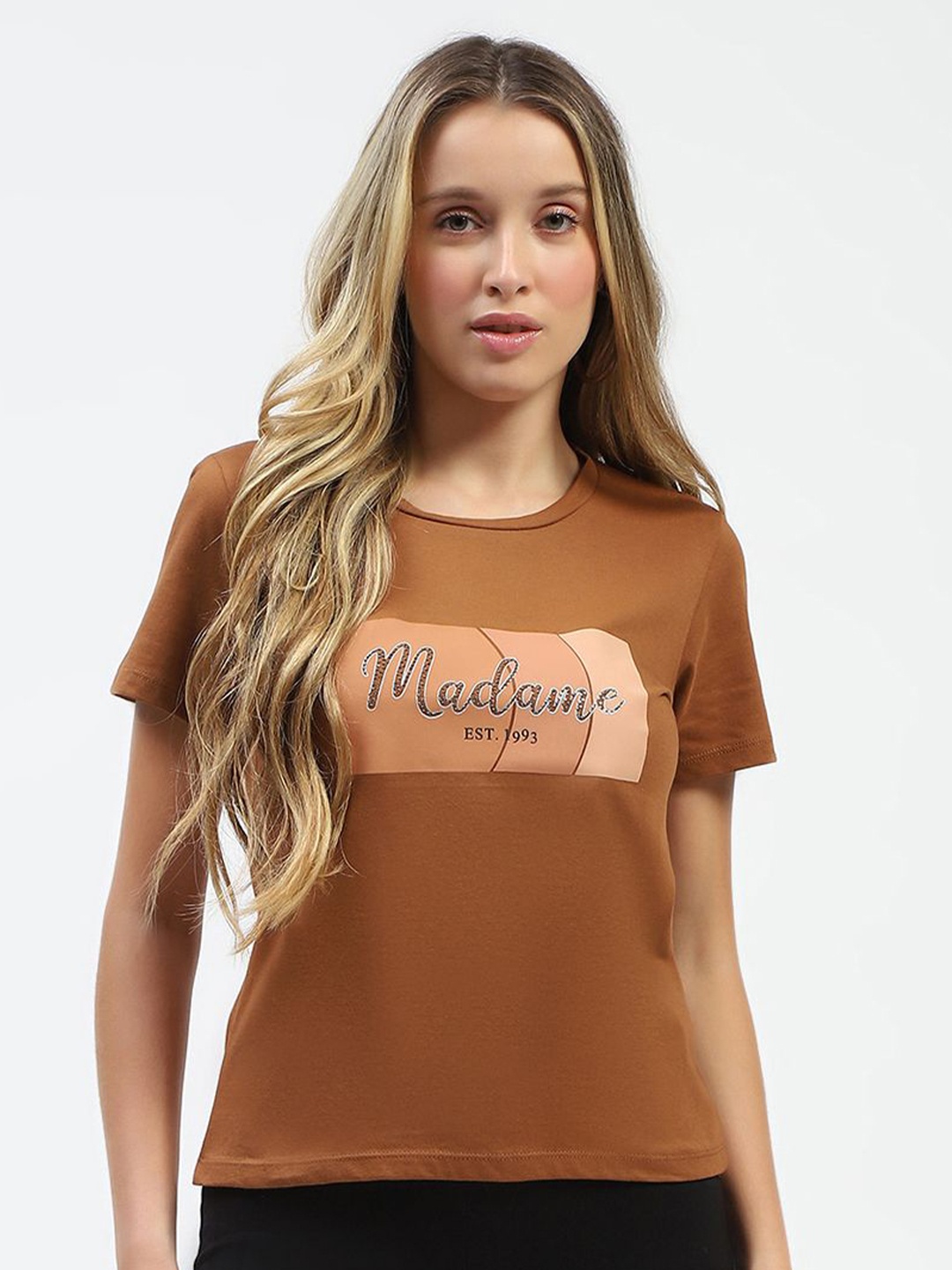 

Madame Women Typography Printed Round Neck Cotton Top, Camel brown